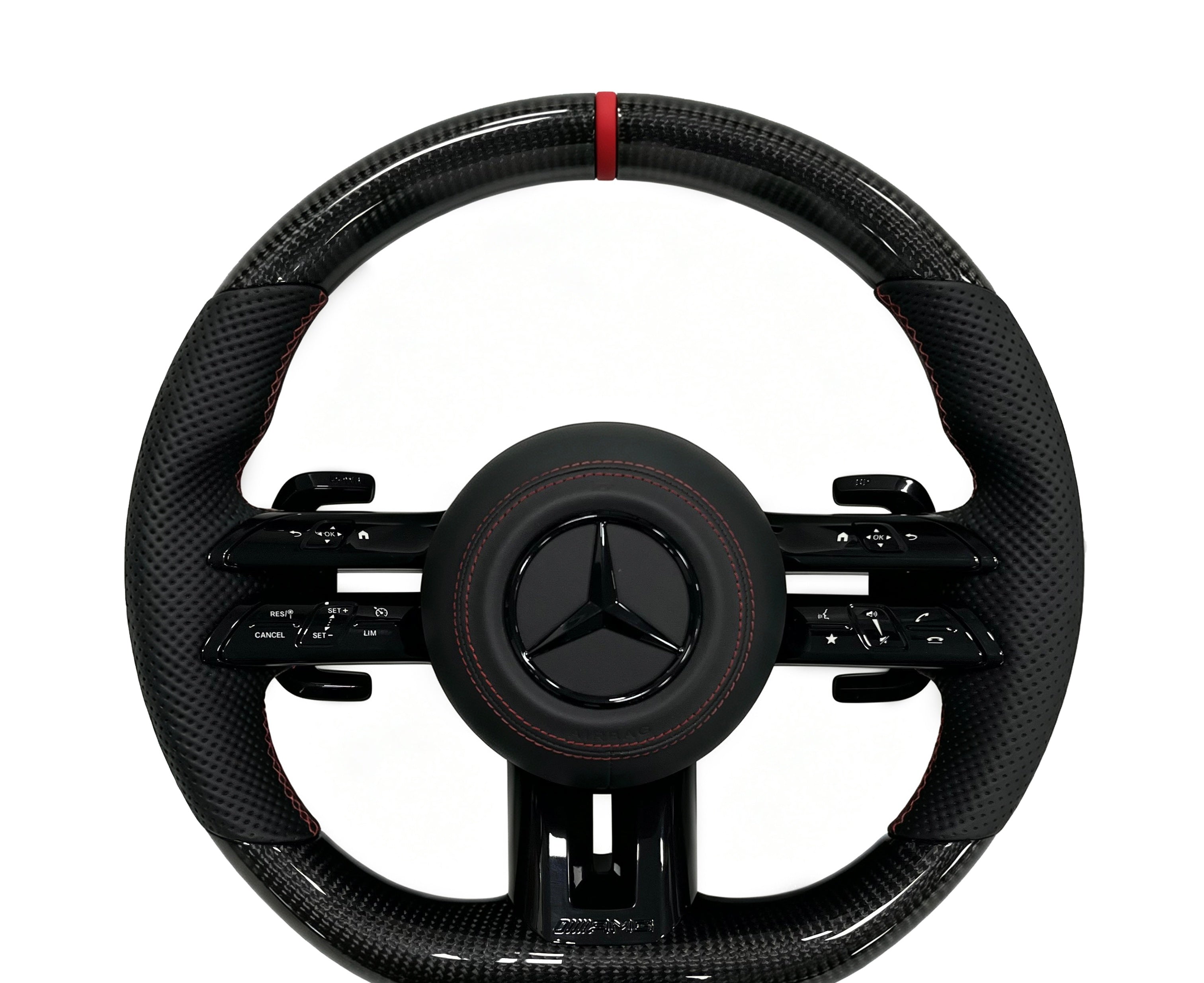 Mercedes-Benz Carbon Fibre & Perforated Leather Steering Wheel (Design 34) on a clean white background