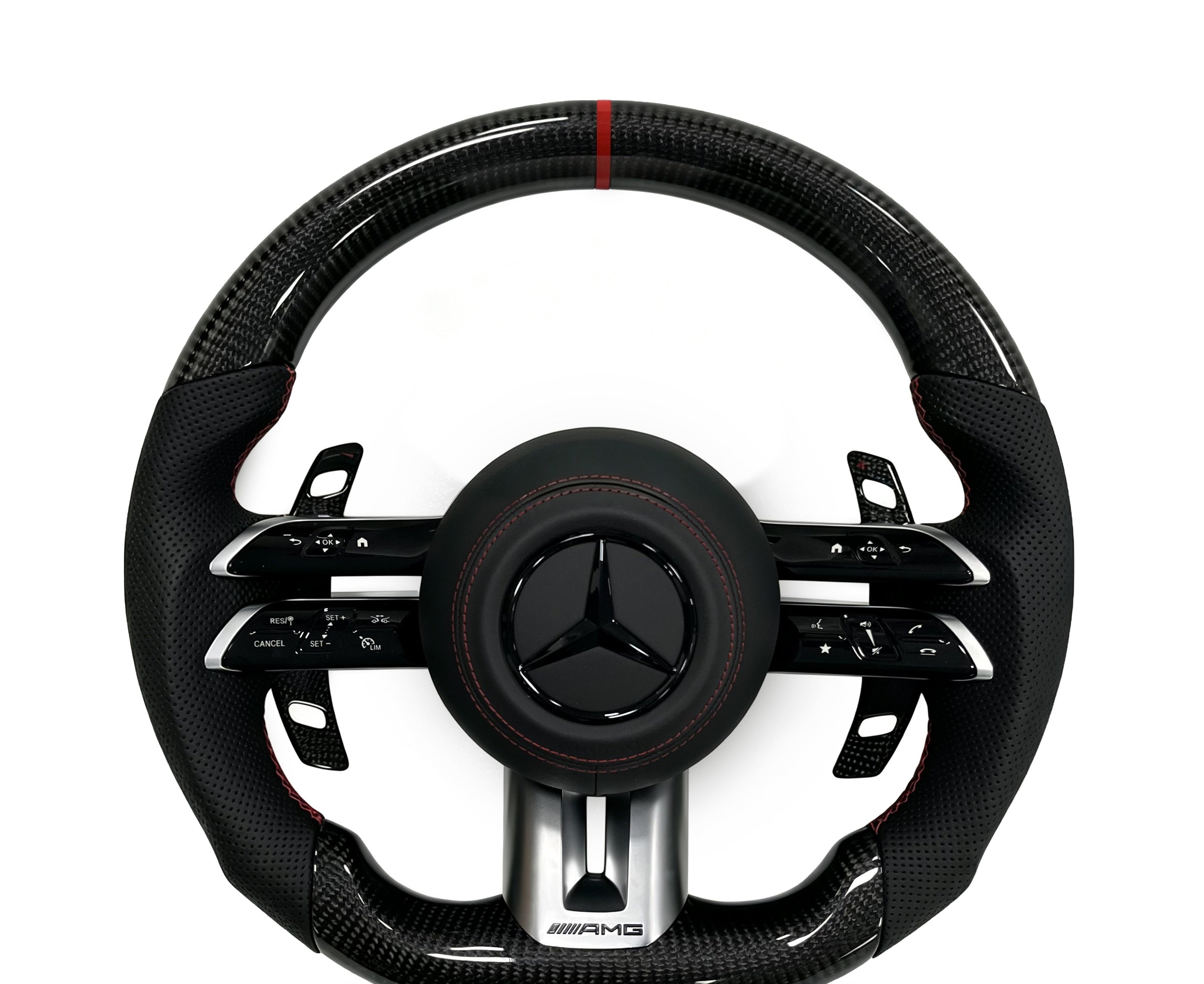 Mercedes-Benz Carbon Fibre & Perforated Leather Steering Wheel (Design 36) on a clean white background
