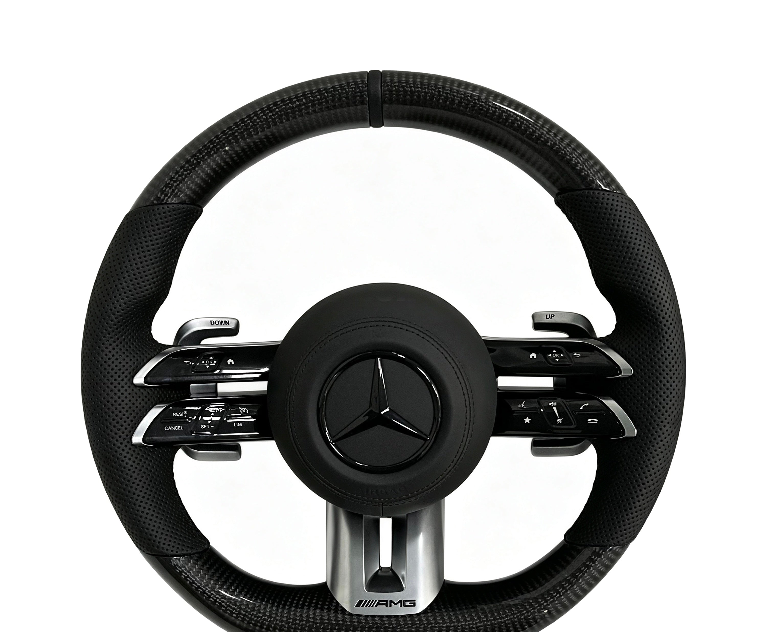 Mercedes-Benz Carbon Fibre & Perforated Leather Steering Wheel (Design 3) on a clean white background