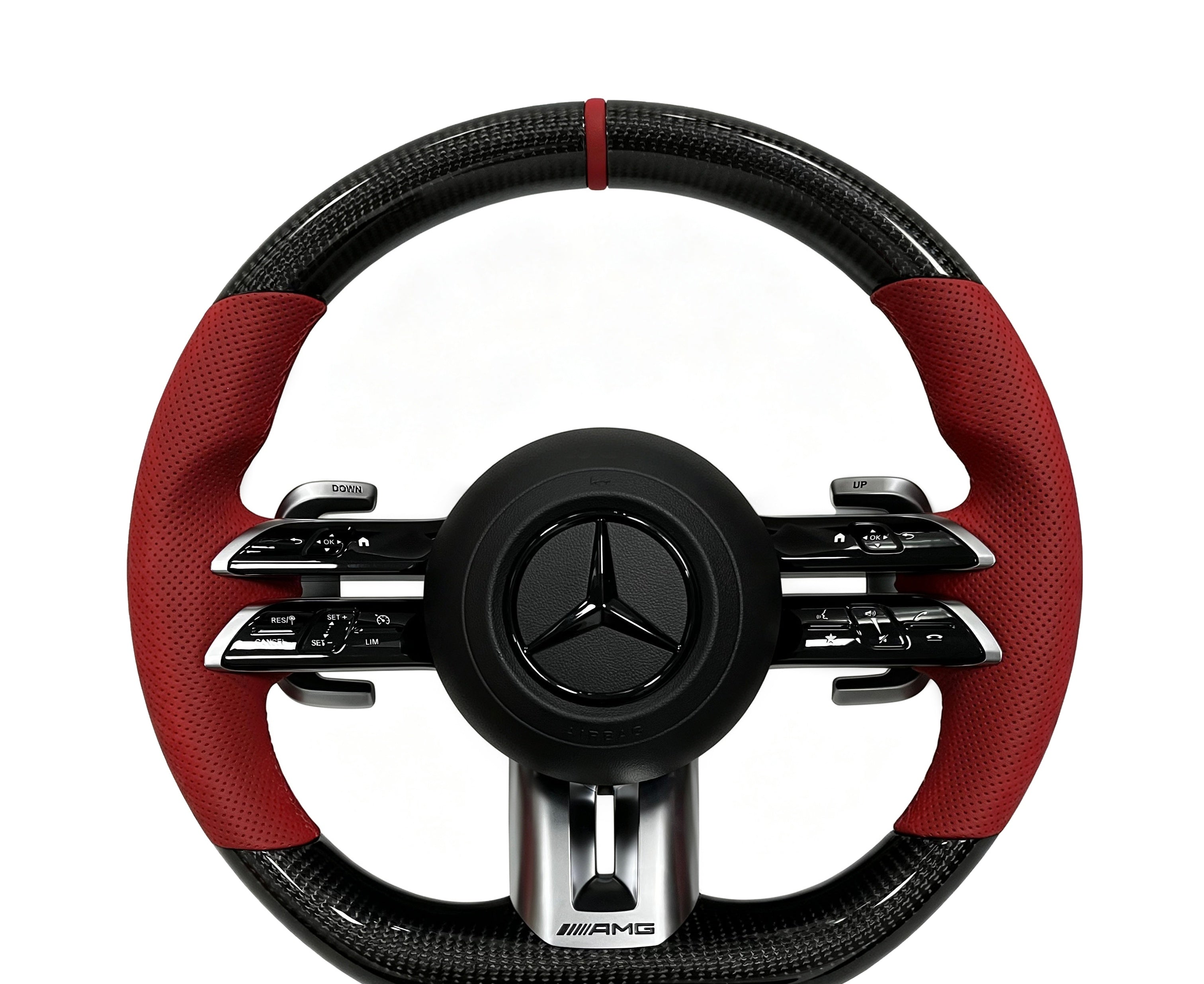 Mercedes-Benz Carbon Fibre & Perforated Leather Steering Wheel (Design 53) on a clean white background