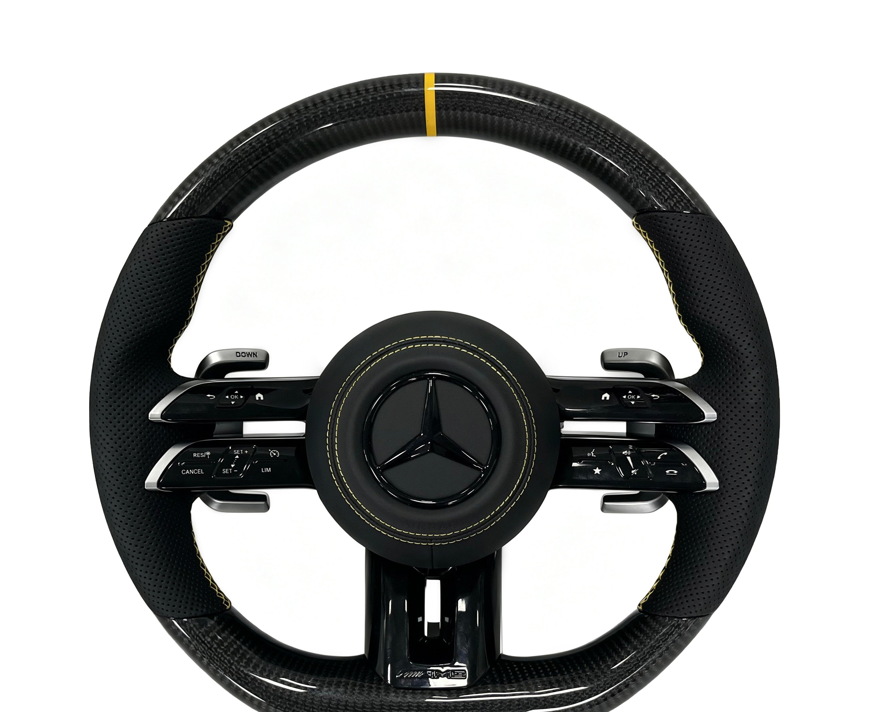 Mercedes-Benz Carbon Fibre & Perforated Leather Steering Wheel (Design 9) on a clean white background