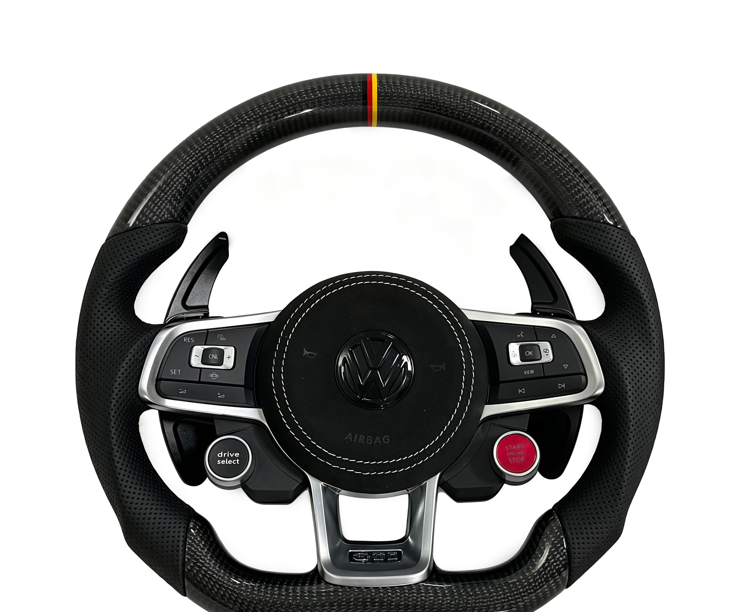 Volkswagen Golf Carbon Fibre & Perforated Leather Steering Wheel (Design 08) on a clean white background