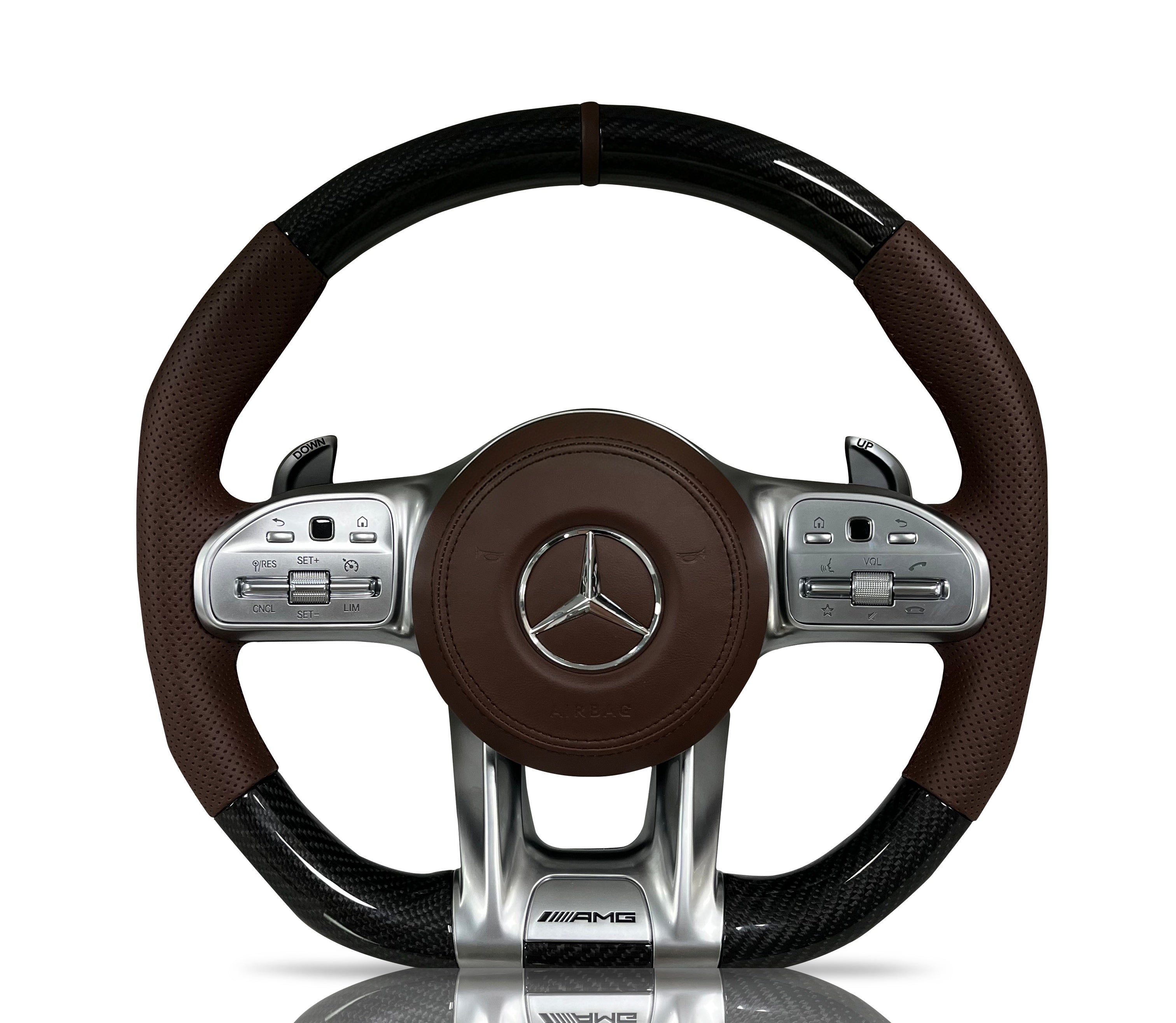 Mercedes-Benz Carbon Fibre & Perforated Leather Steering Wheel (Design 10) on a clean white background