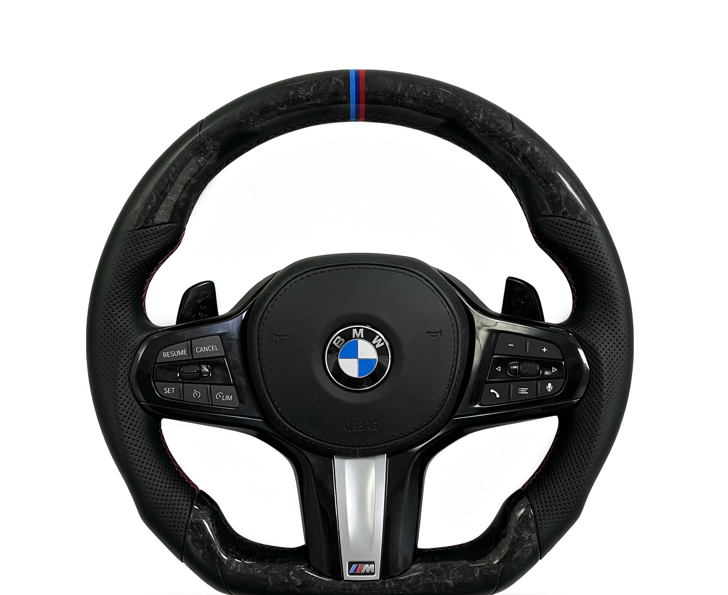 BMW Forged Carbon Fibre & Perforated Leather Steering Wheel (Design 12) on a clean white background