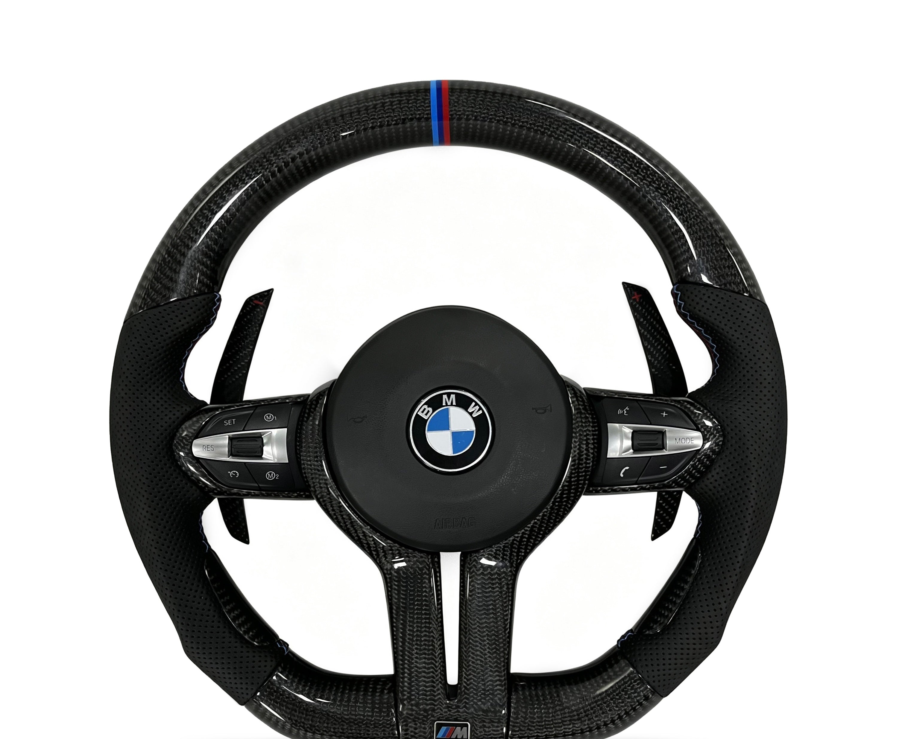 BMW Carbon Fibre & Perforated Leather Steering Wheel (Design 13) on a clean white background