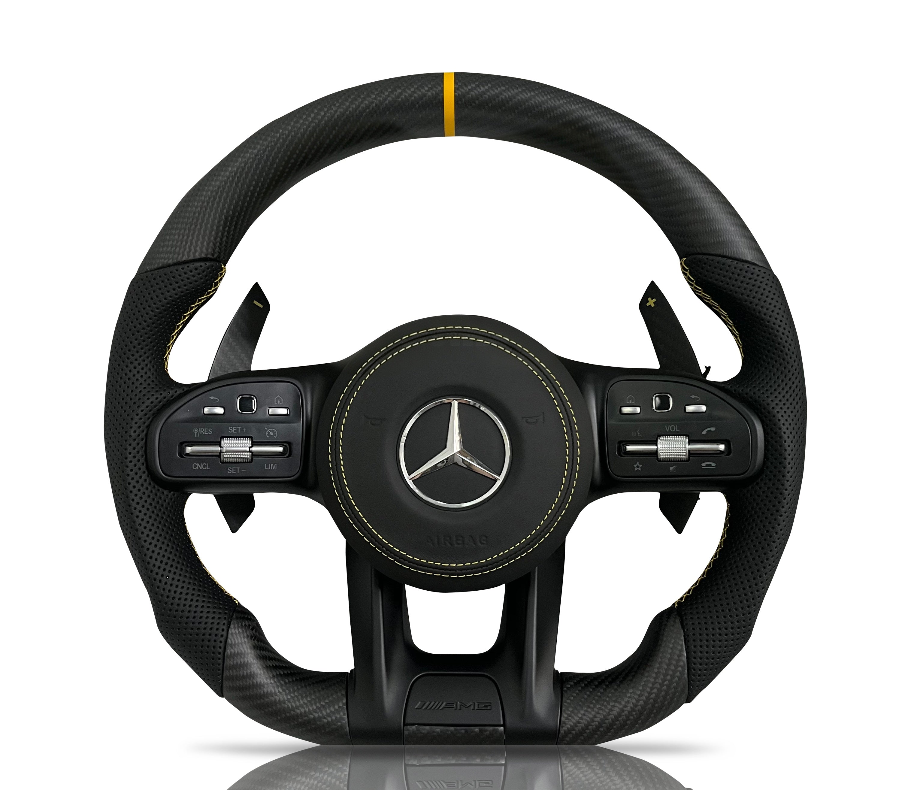 Mercedes-Benz Matte Carbon Fibre & Perforated Leather Steering Wheel (Design 13) on a clean white background