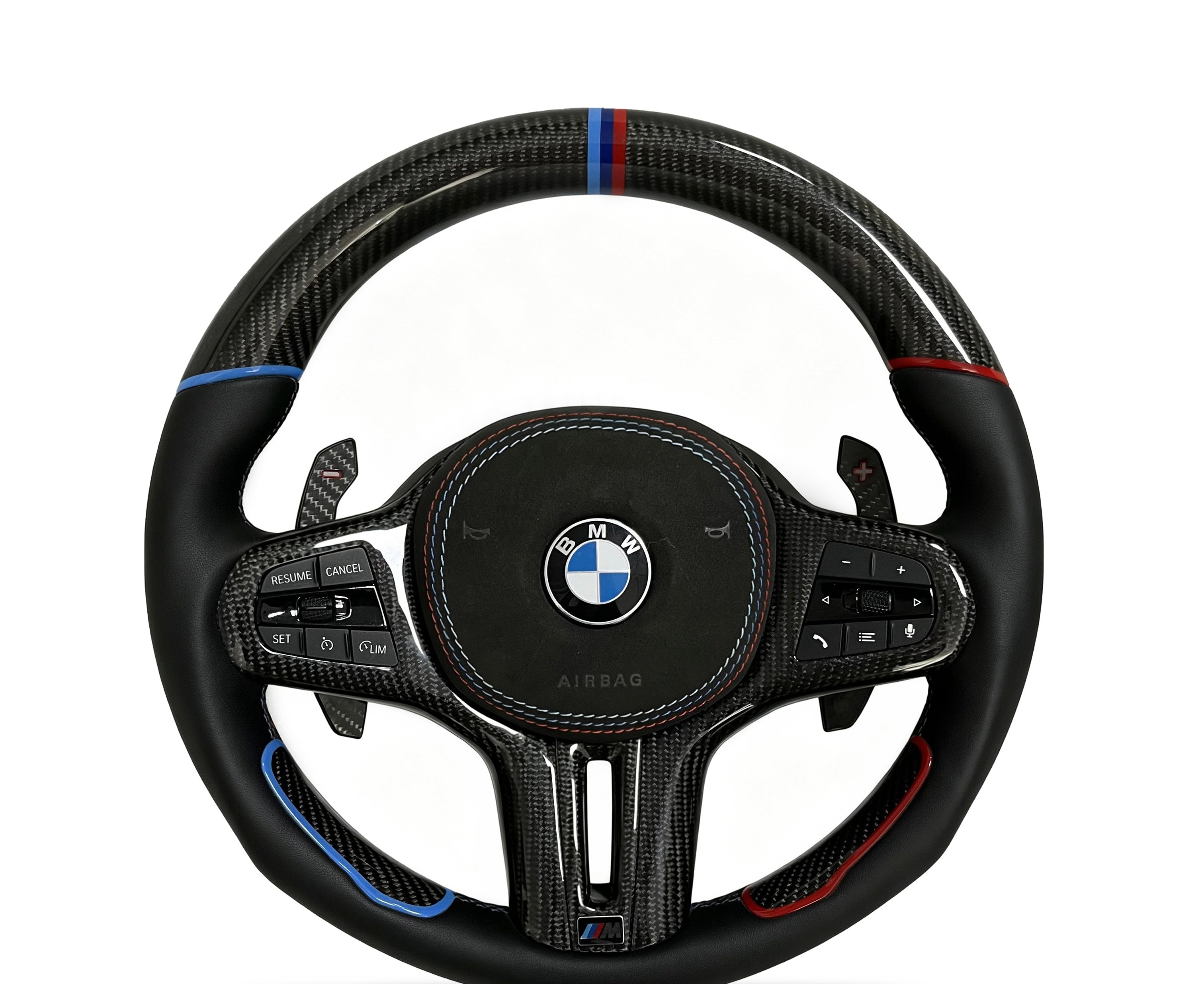 BMW Carbon Fibre & Smooth Leather Steering Wheel (Design 14) on a clean white background