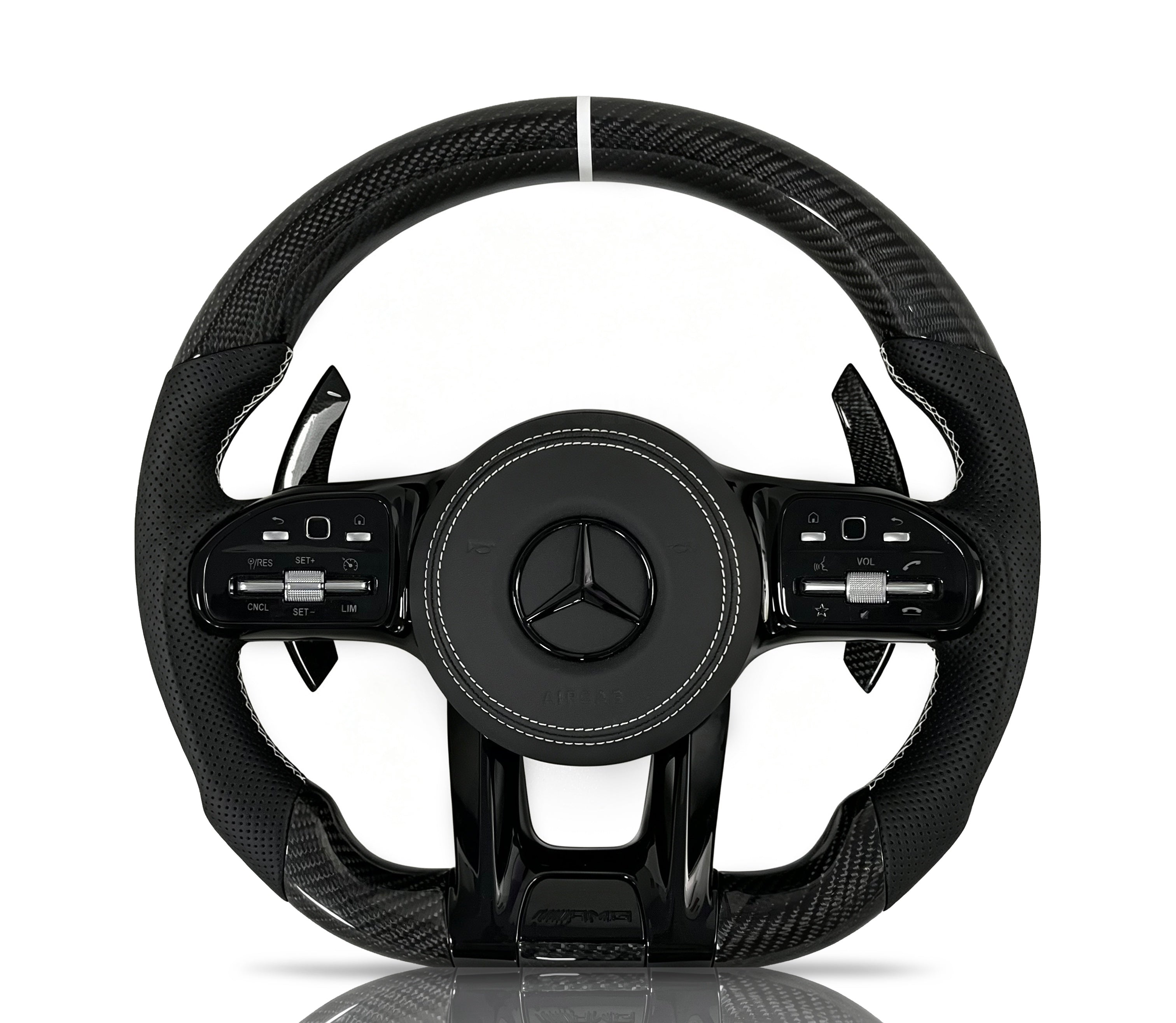 Mercedes-Benz Carbon Fibre & Perforated Leather Steering Wheel (Design 18) II on a clean white background