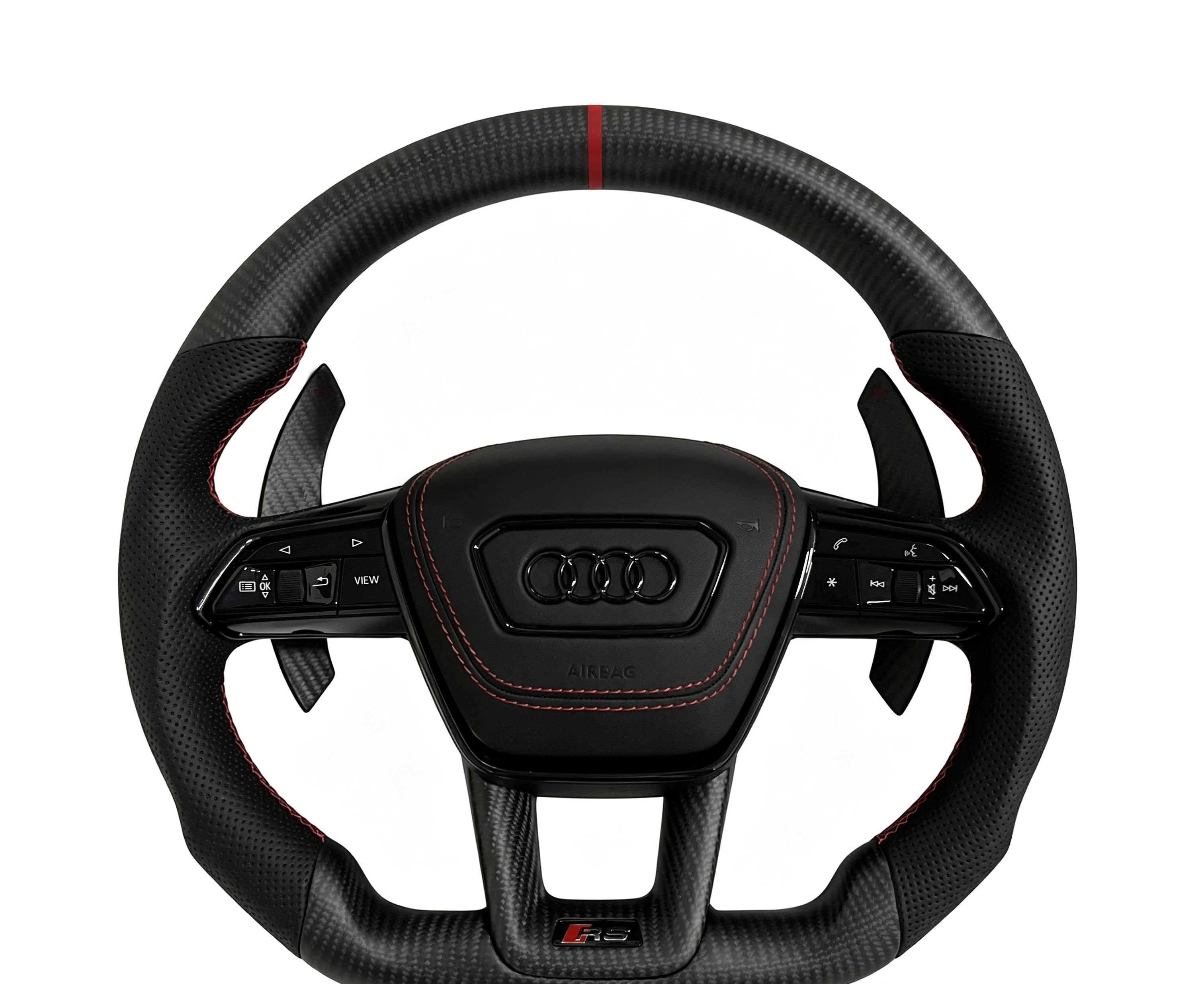 Audi Matte Carbon Fibre & Perforated Leather Steering Wheel (Design 20) on a clean white background