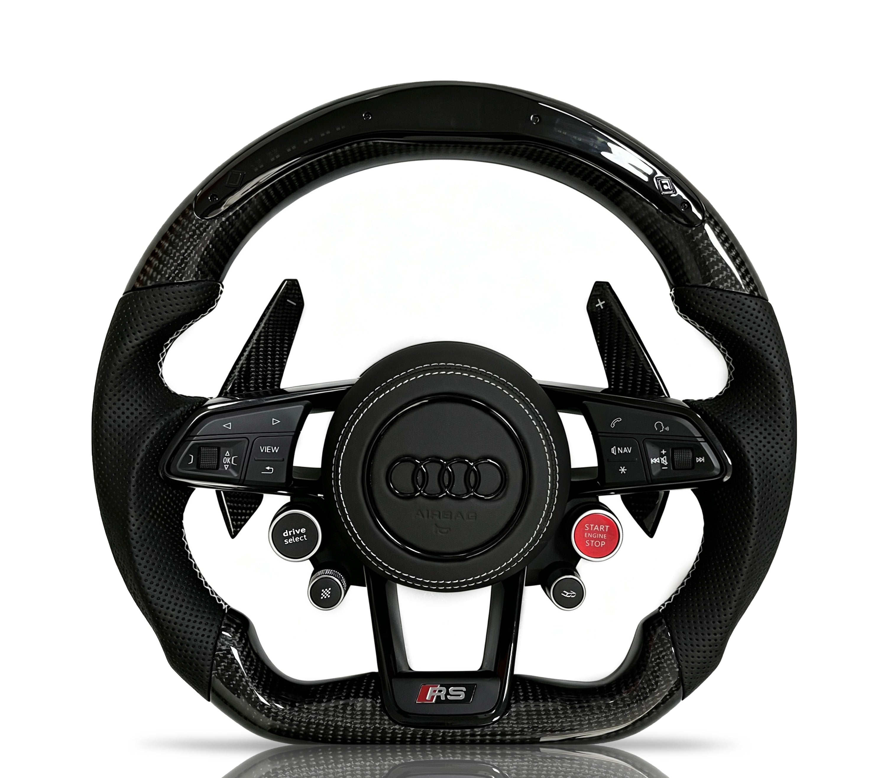 Audi Carbon Fibre & Perforated Leather Steering Wheel (Design 09) II on a clean white background