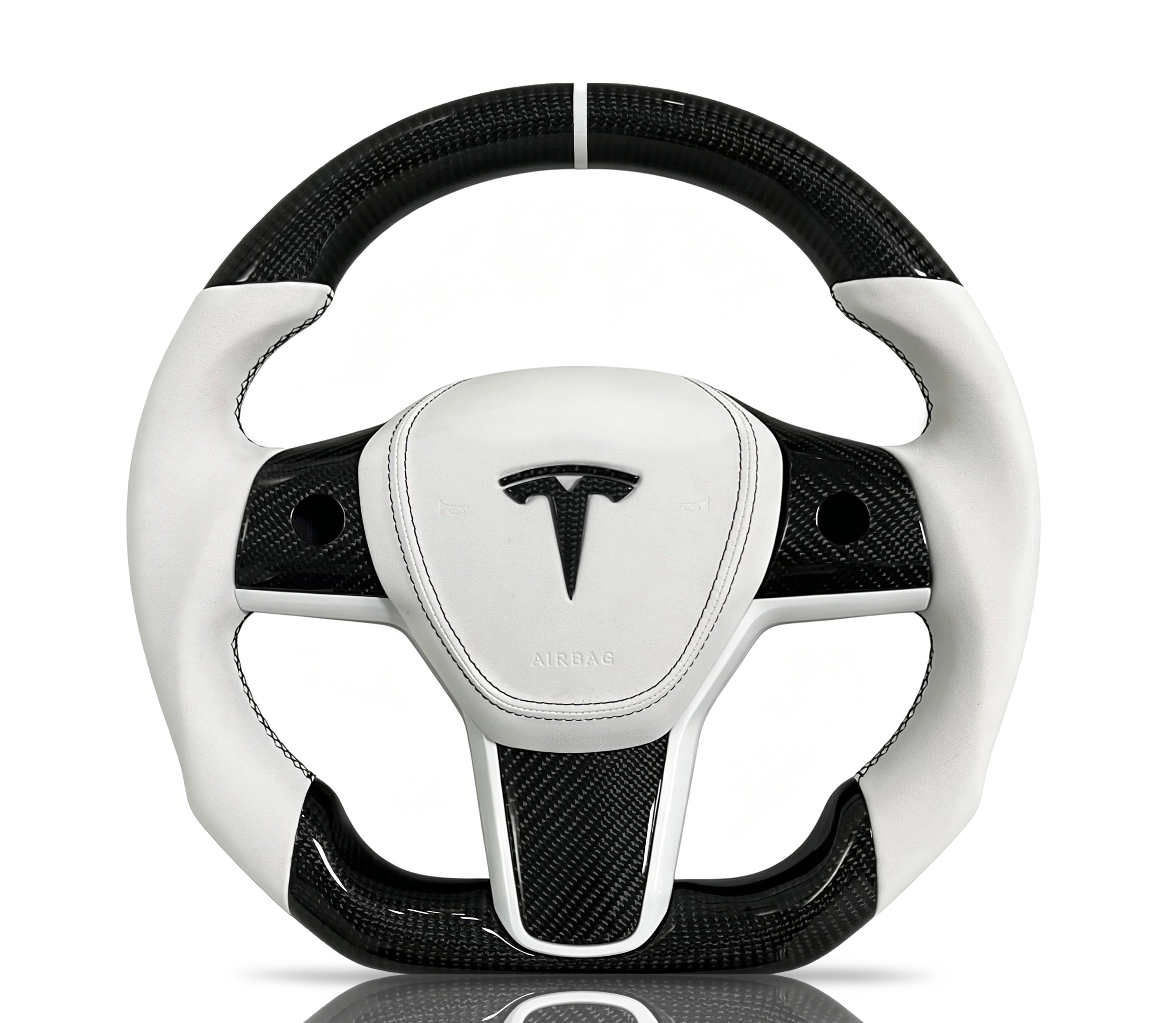 Tesla Carbon Fibre & Leather Steering Wheel (Design 02) on a clean white background
