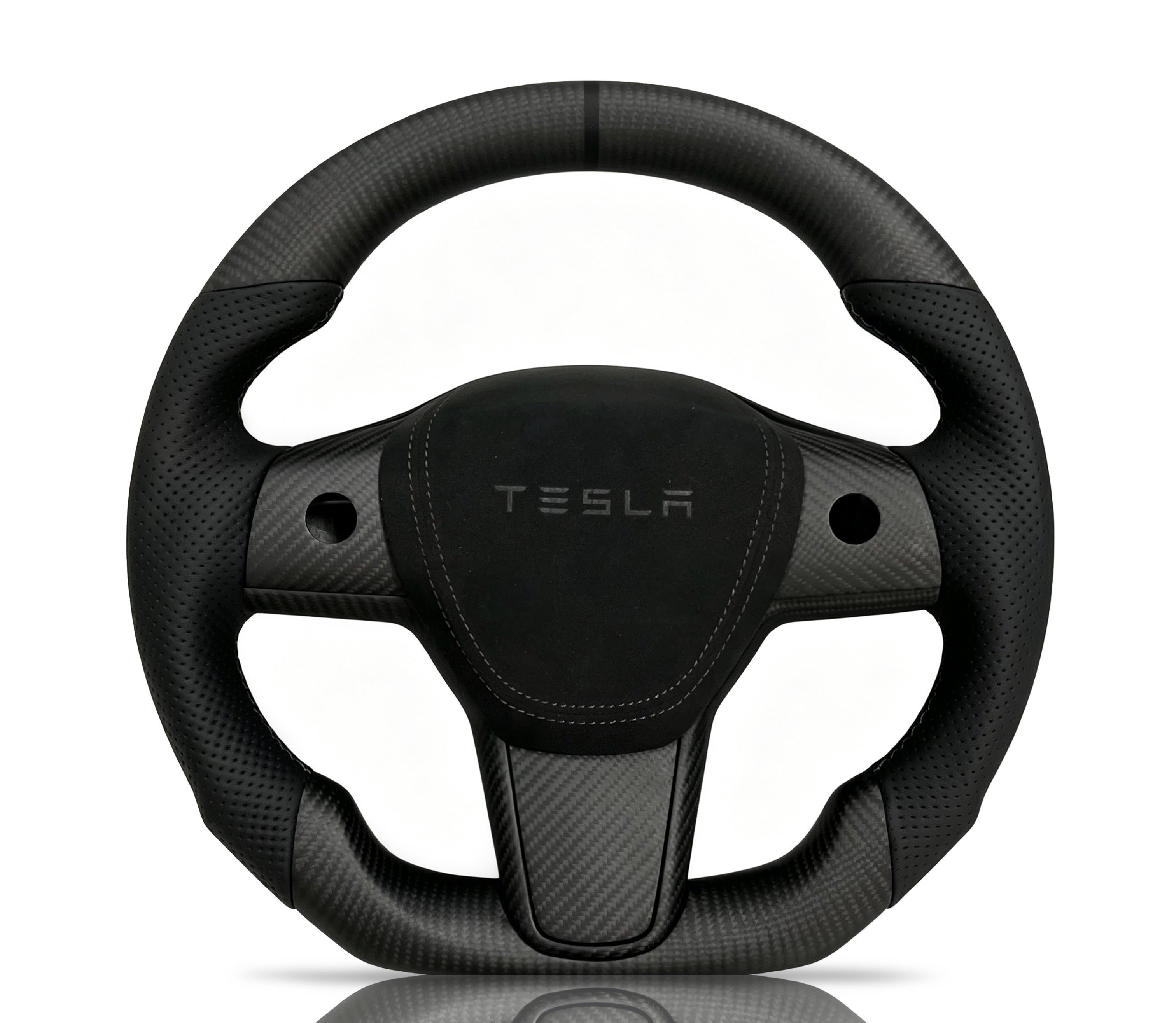 Tesla Matte Carbon Fibre & Perforated Leather Steering Wheel (Design 03) on a clean white background