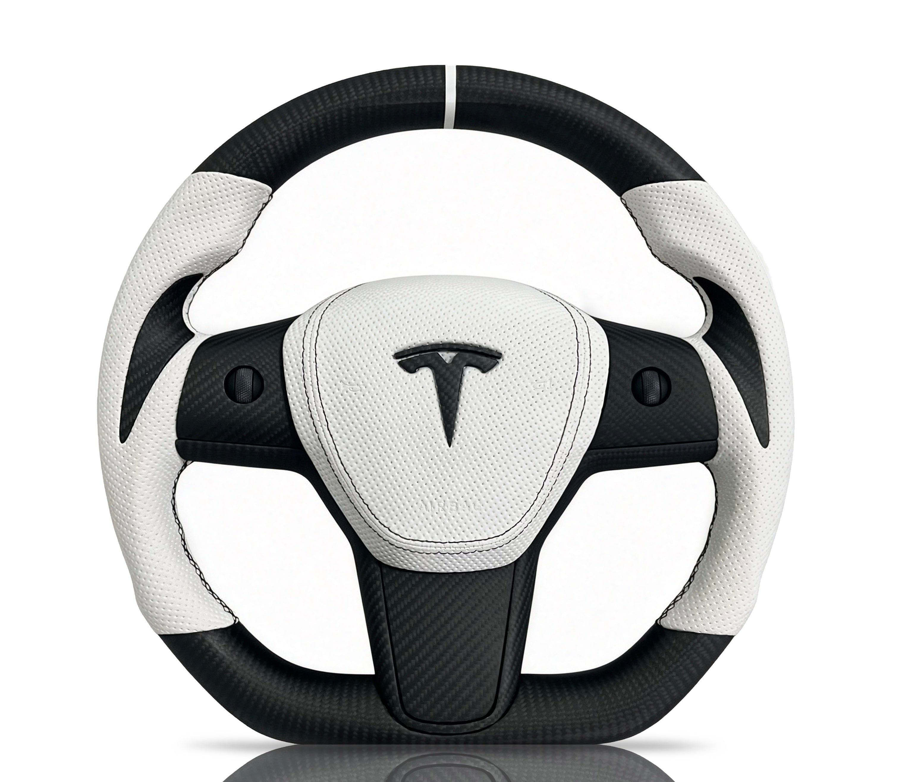 Tesla Carbon Fibre & Perforated Leather Steering Wheel (Design 04) on a clean white background