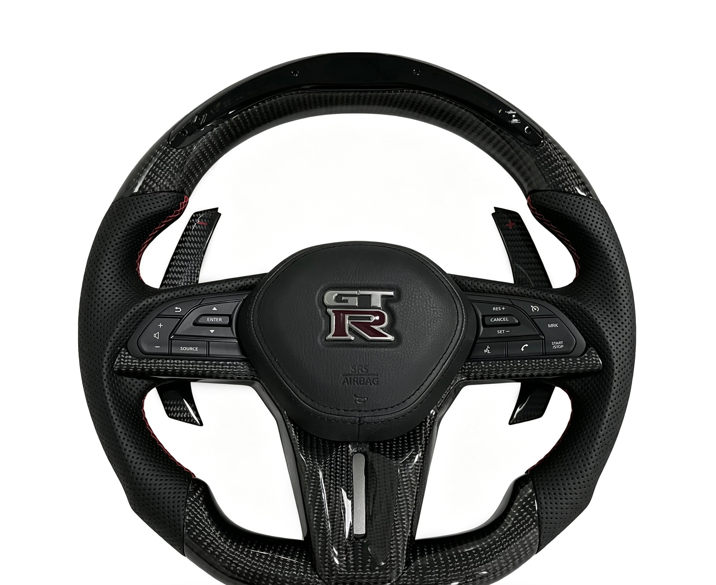 Nissan Carbon Fibre & Perforated Leather Steering Wheel (Design 2) on a clean white background