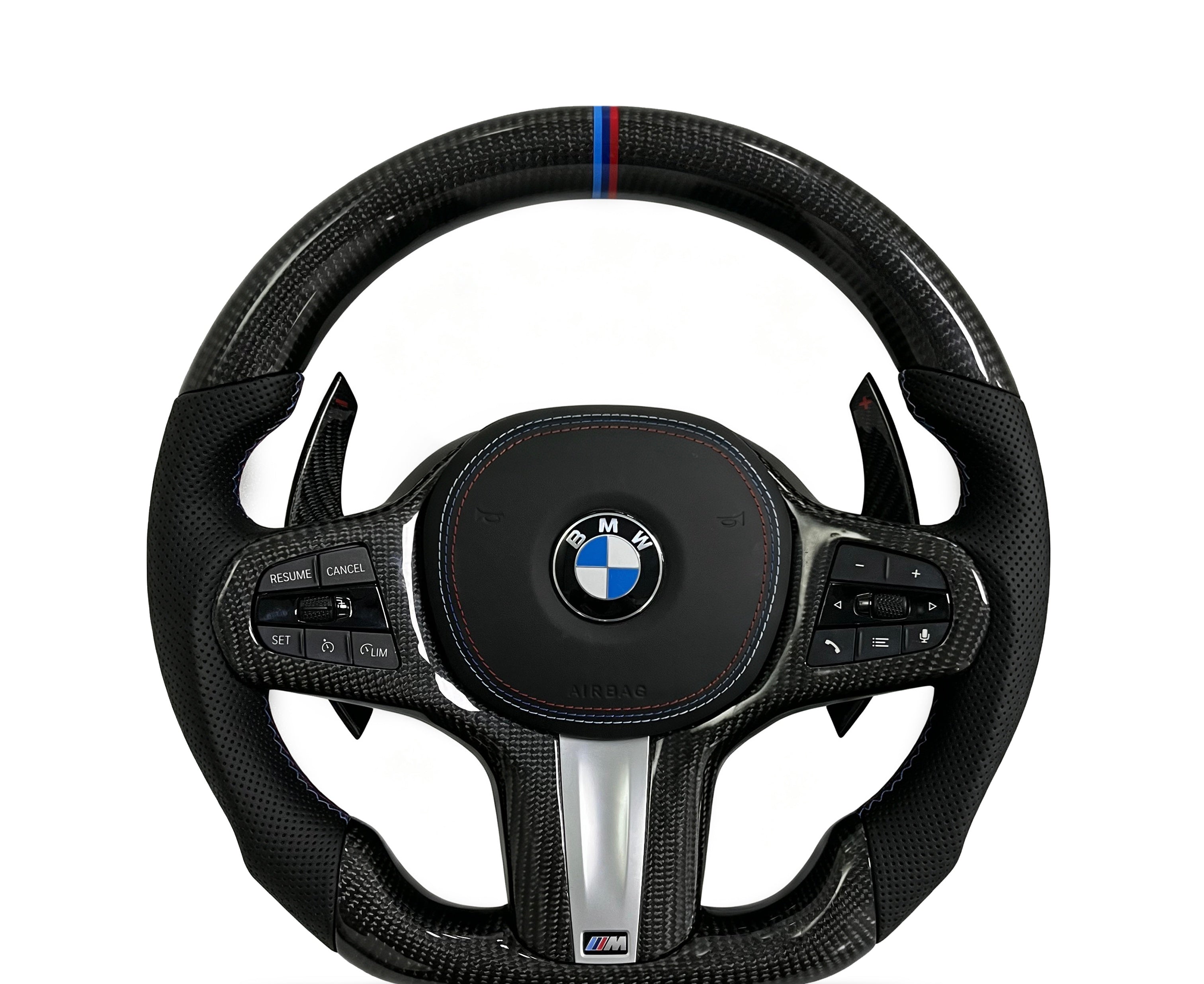 BMW Carbon Fibre & Perforated Leather Steering Wheel (Design 22) II on a clean white background