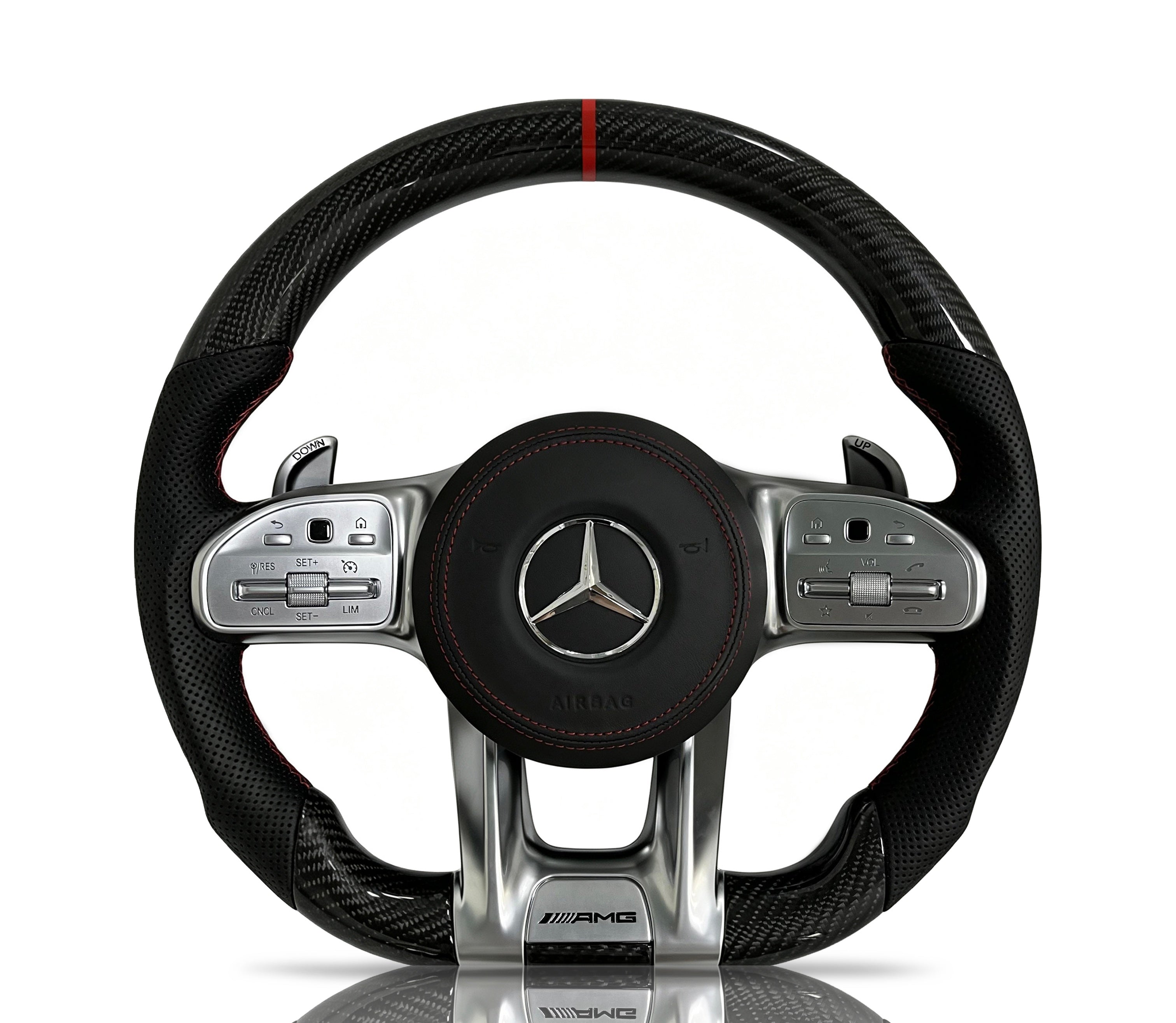 Mercedes-Benz Carbon Fibre & Perforated Leather Steering Wheel (Design 25) on a clean white background
