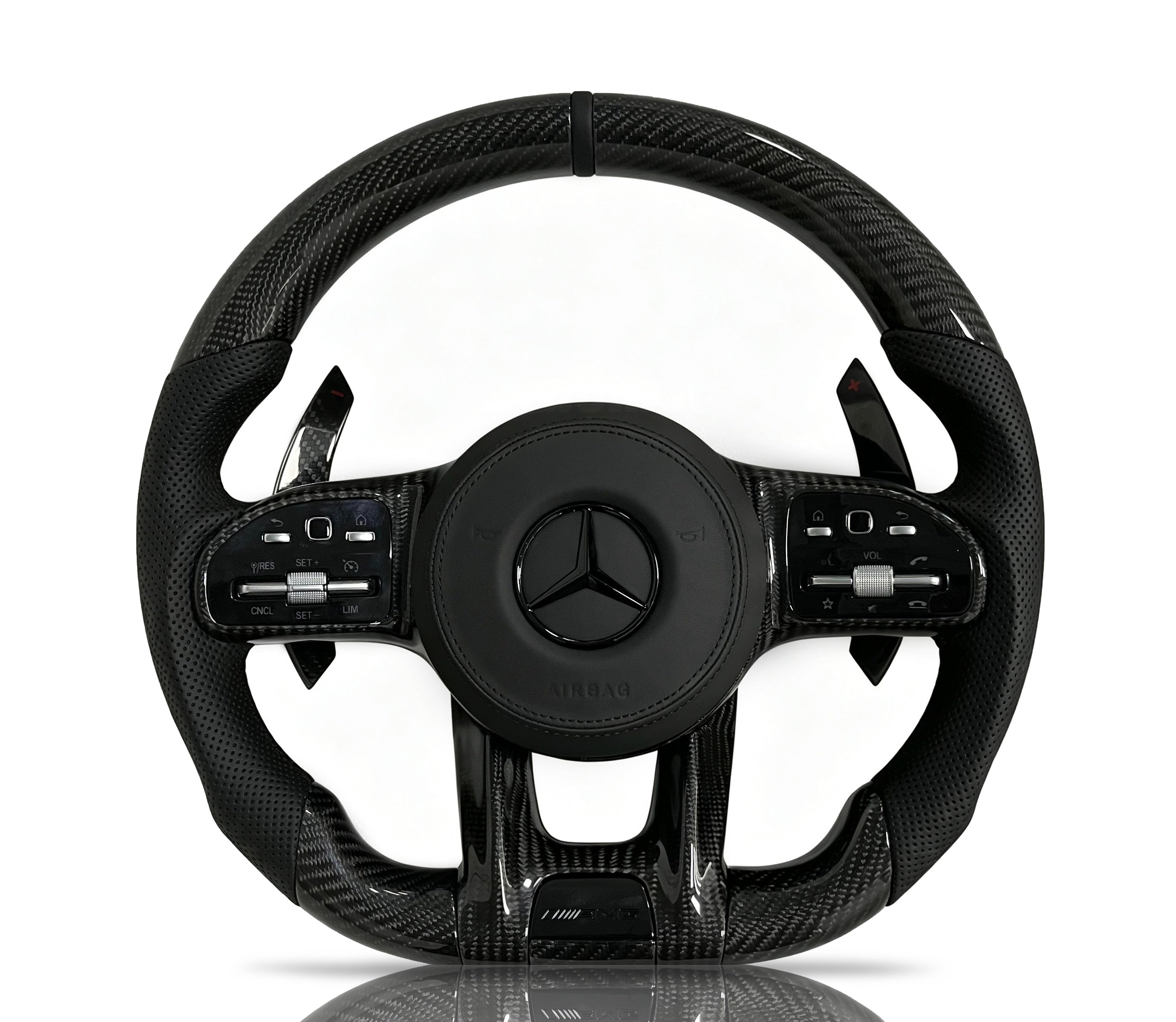 Mercedes-Benz Carbon Fibre & Perforated Leather Steering Wheel (Design 29) on a clean white background