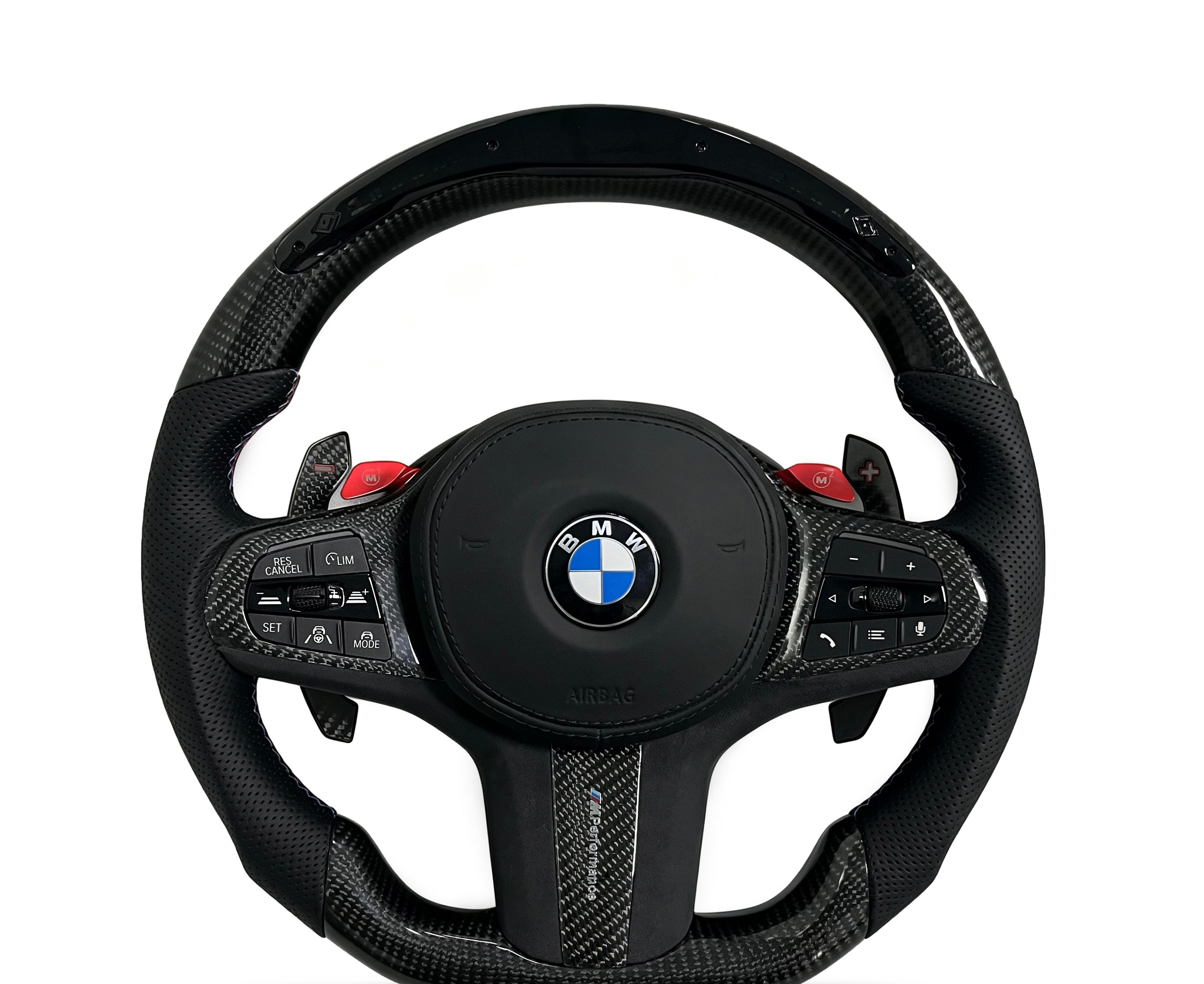 BMW Carbon Fibre & Perforated Leather Steering Wheel (Design 29) on a clean white background