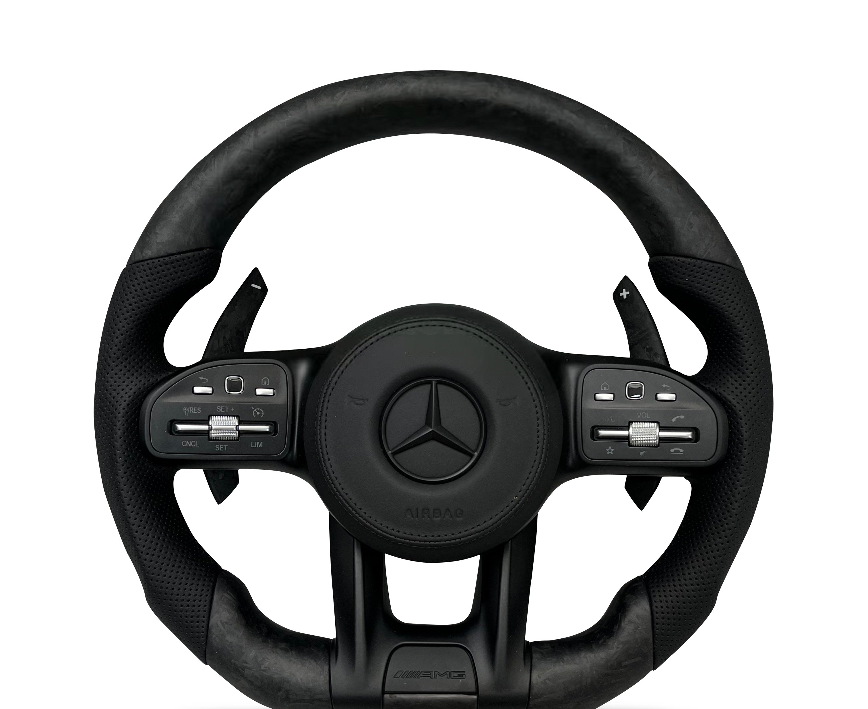 Mercedes-Benz Forged Matte Carbon Fibre & Perforated Leather Steering Wheel (Design 02) on a clean white background