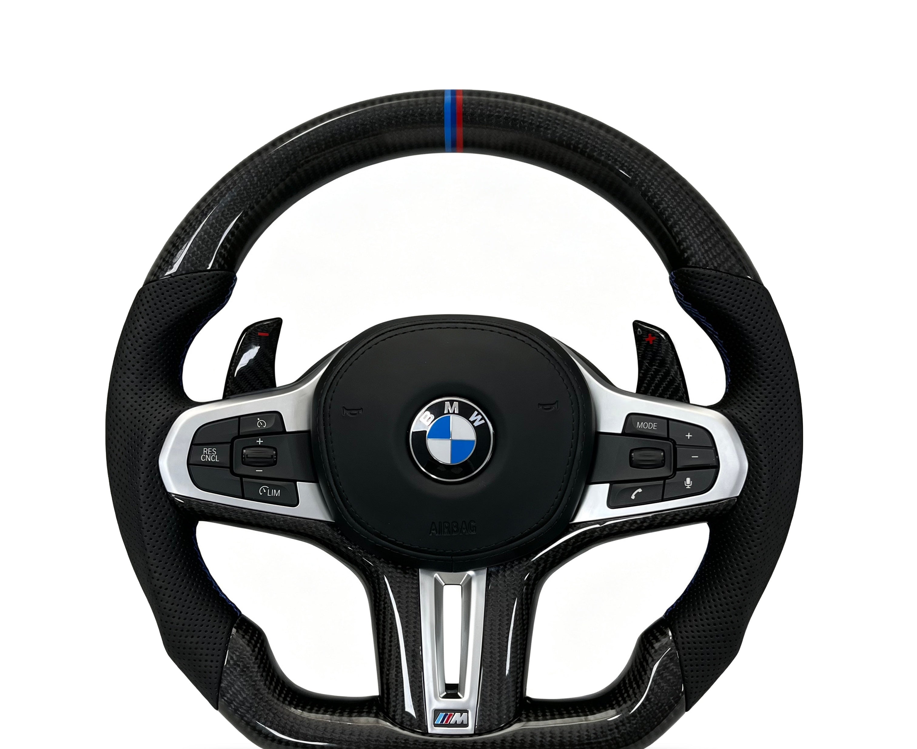BMW Carbon Fibre & Perforated Leather Steering Wheel (Design 2) on a clean white background