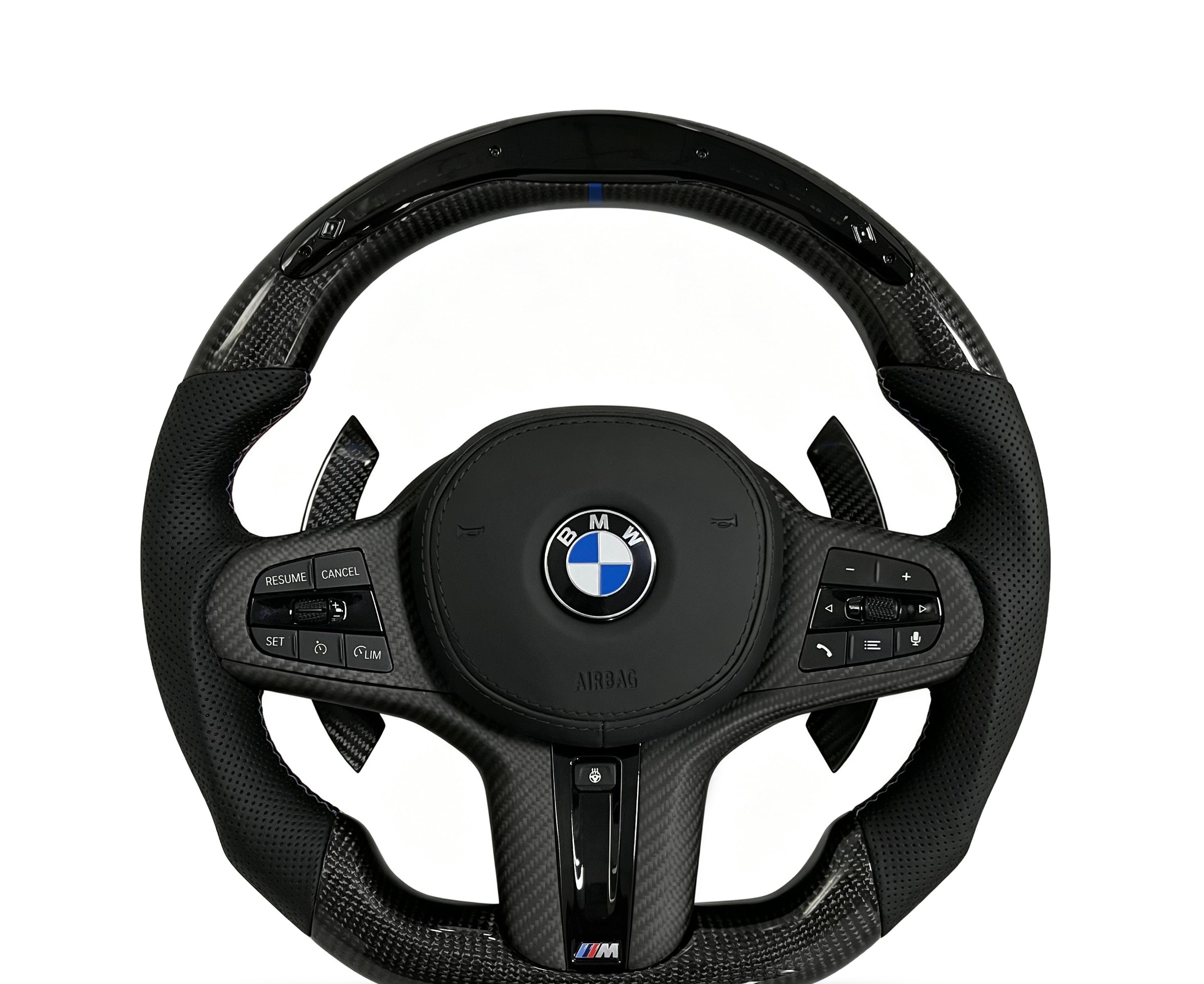 BMW Carbon Fibre & Perforated Leather Steering Wheel (Design 31) on a clean white background
