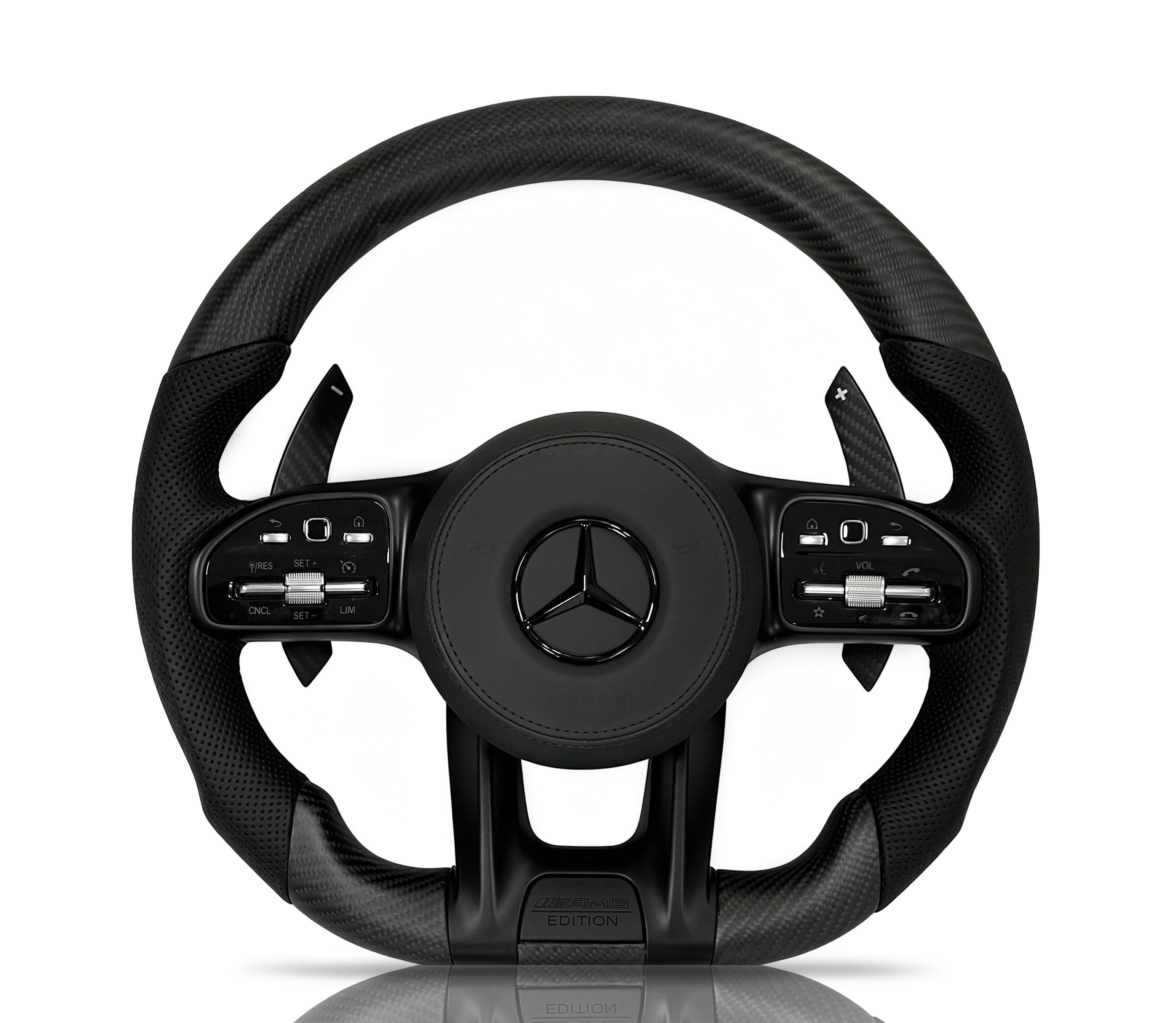Mercedes-Benz Matte Carbon Fibre & Perforated Leather Steering Wheel (Design 32) on a clean white background