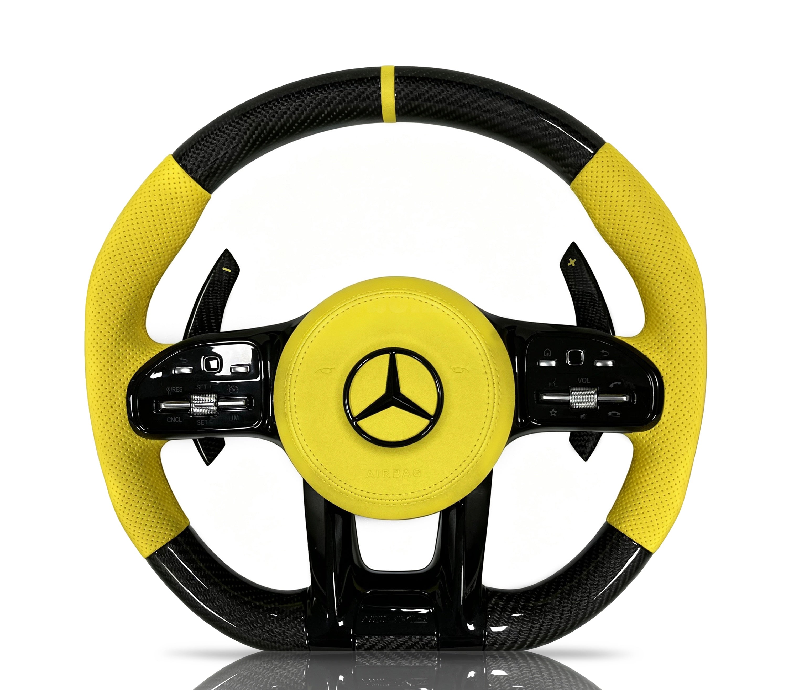 Mercedes-Benz Carbon Fibre & Perforated Leather Steering Wheel (Design 35) on a clean white background