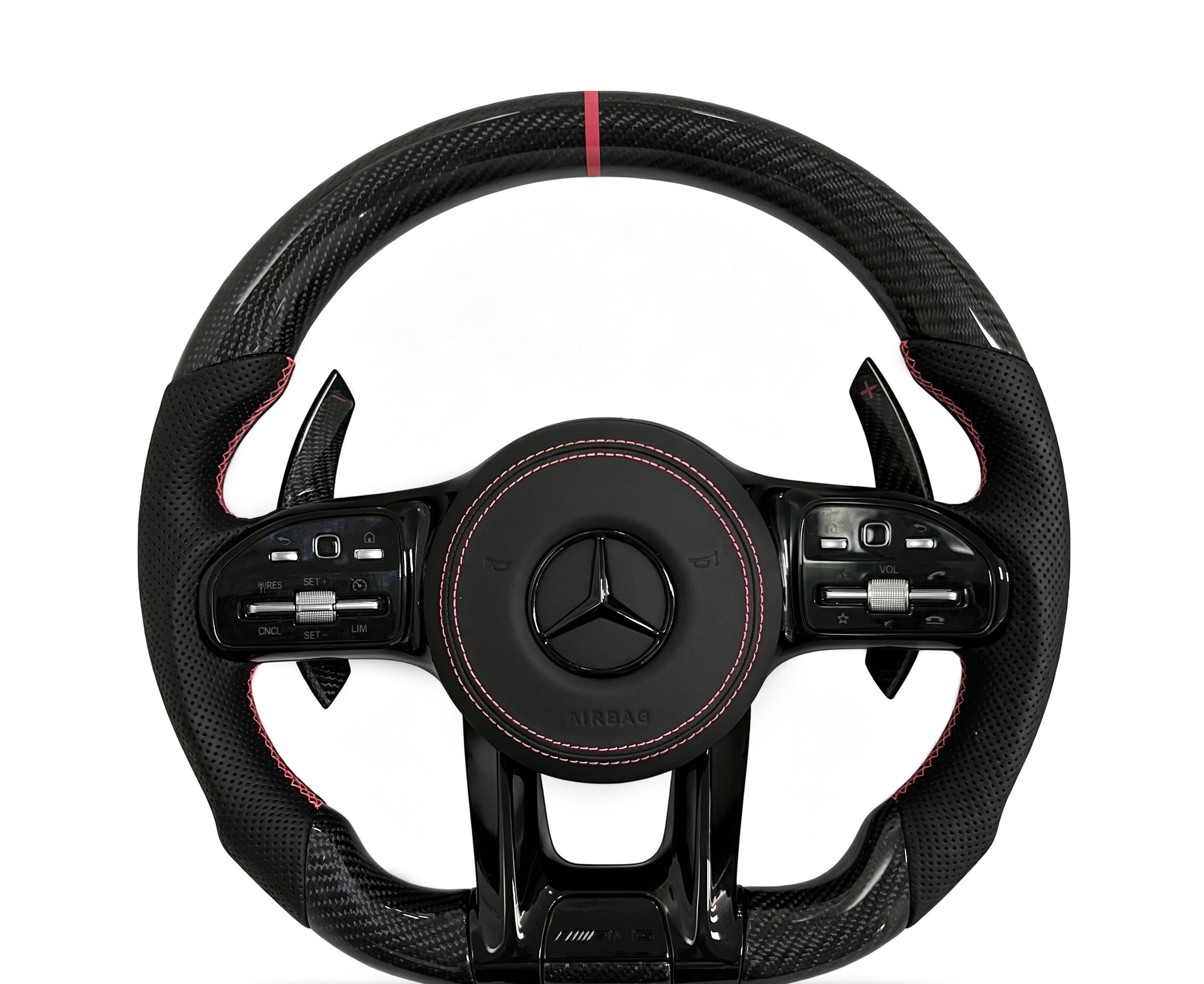 Mercedes-Benz Carbon Fibre & Perforated Leather Steering Wheel (Design 39) on a clean white background