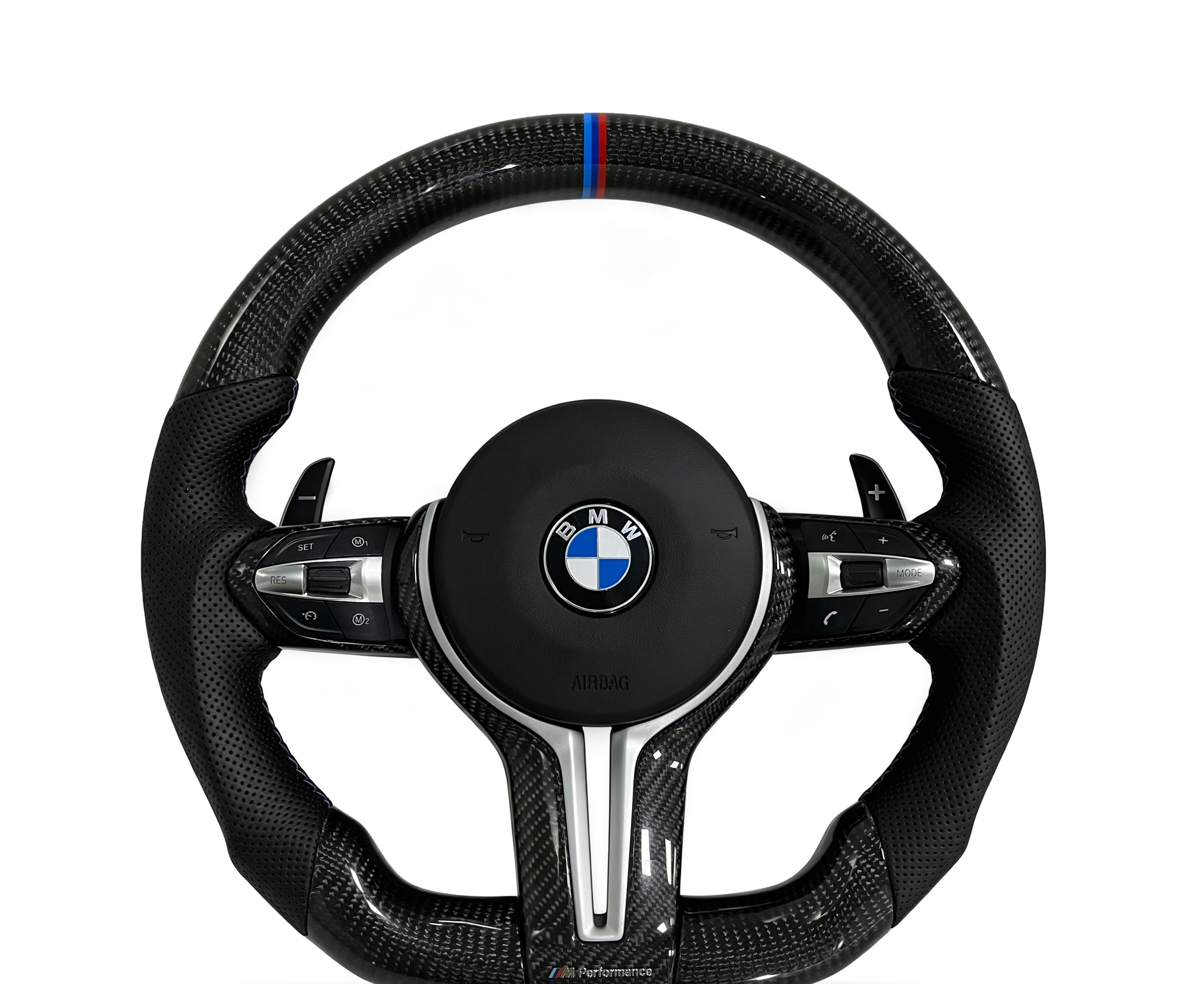 BMW Carbon Fibre & Perforated Leather Steering Wheel (Design 39) on a clean white background