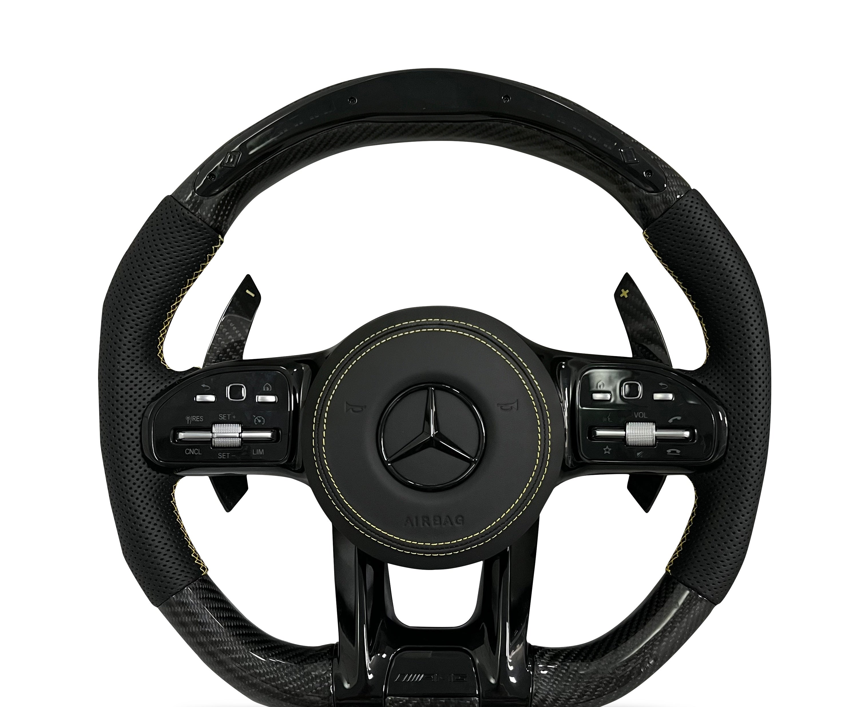 Mercedes-Benz Carbon Fibre & Perforated Leather Steering Wheel (Design 03) on a clean white background