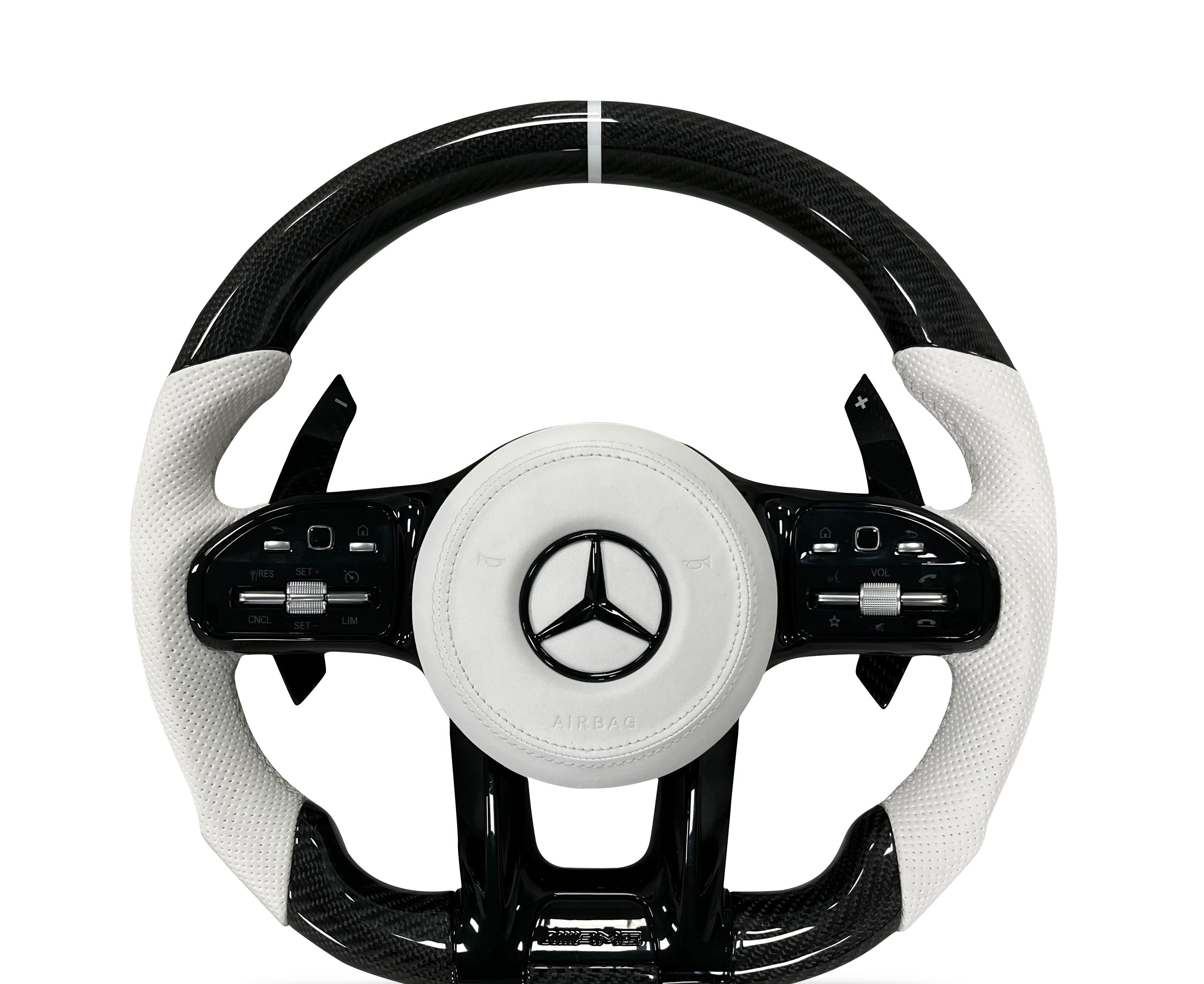 Mercedes-Benz Carbon Fibre & Perforated Leather Steering Wheel (Design 04) on a clean white background