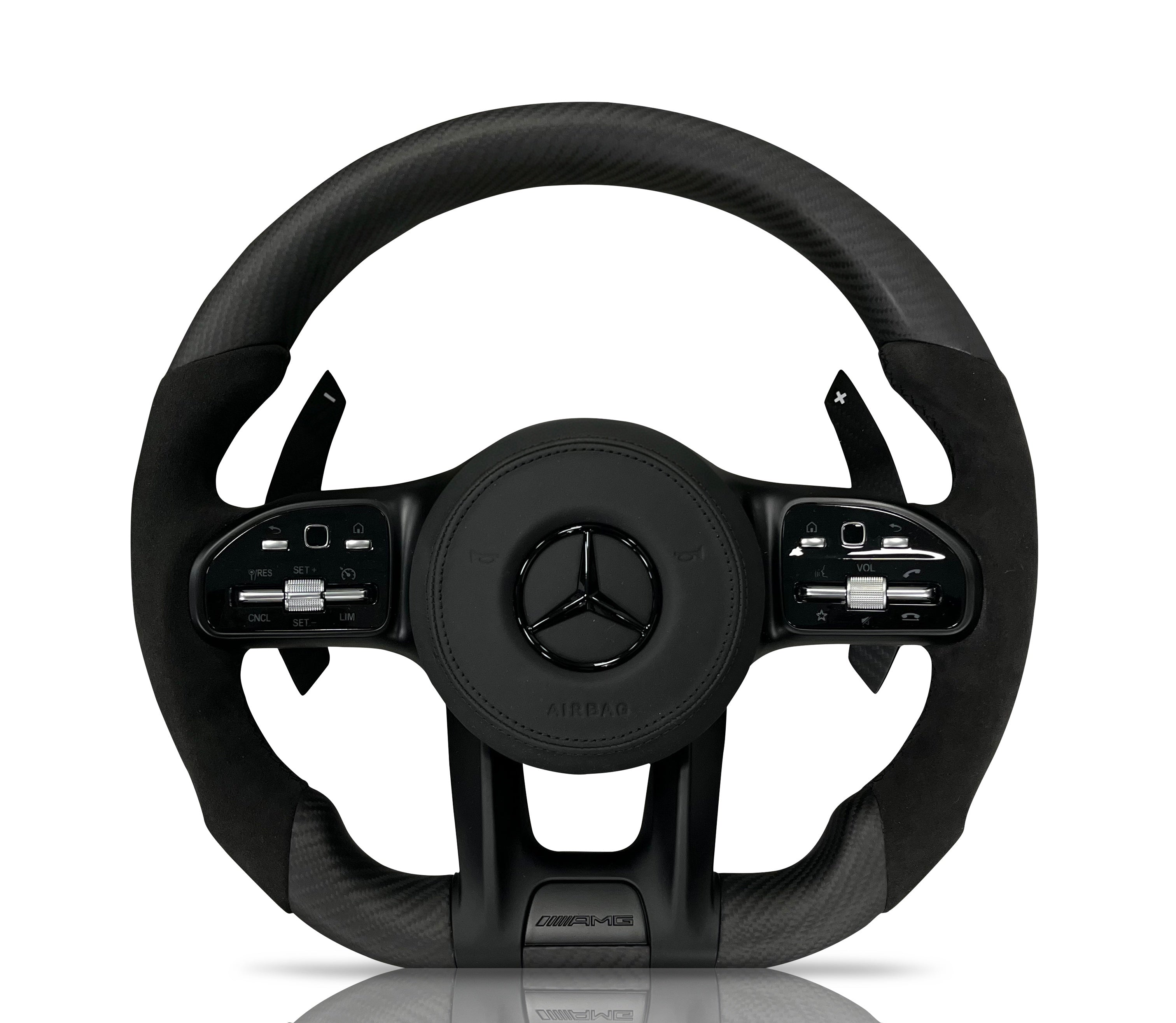 Mercedes-Benz Matte Carbon Fibre & Alcantara Steering Wheel (Design 05) on a clean white background