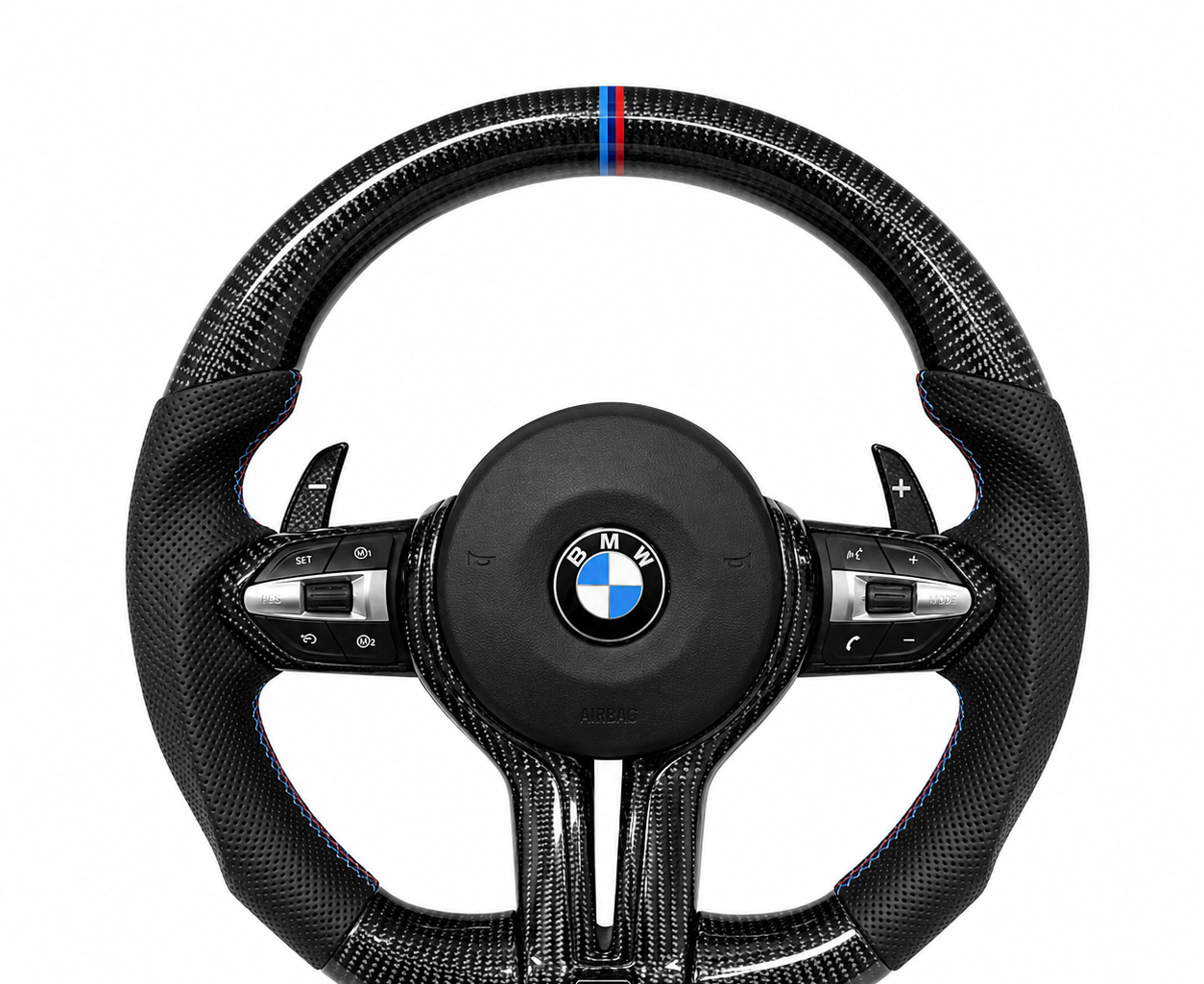 BMW Carbon Fibre & Perforated Leather Steering Wheel (Design 8) on a clean white background