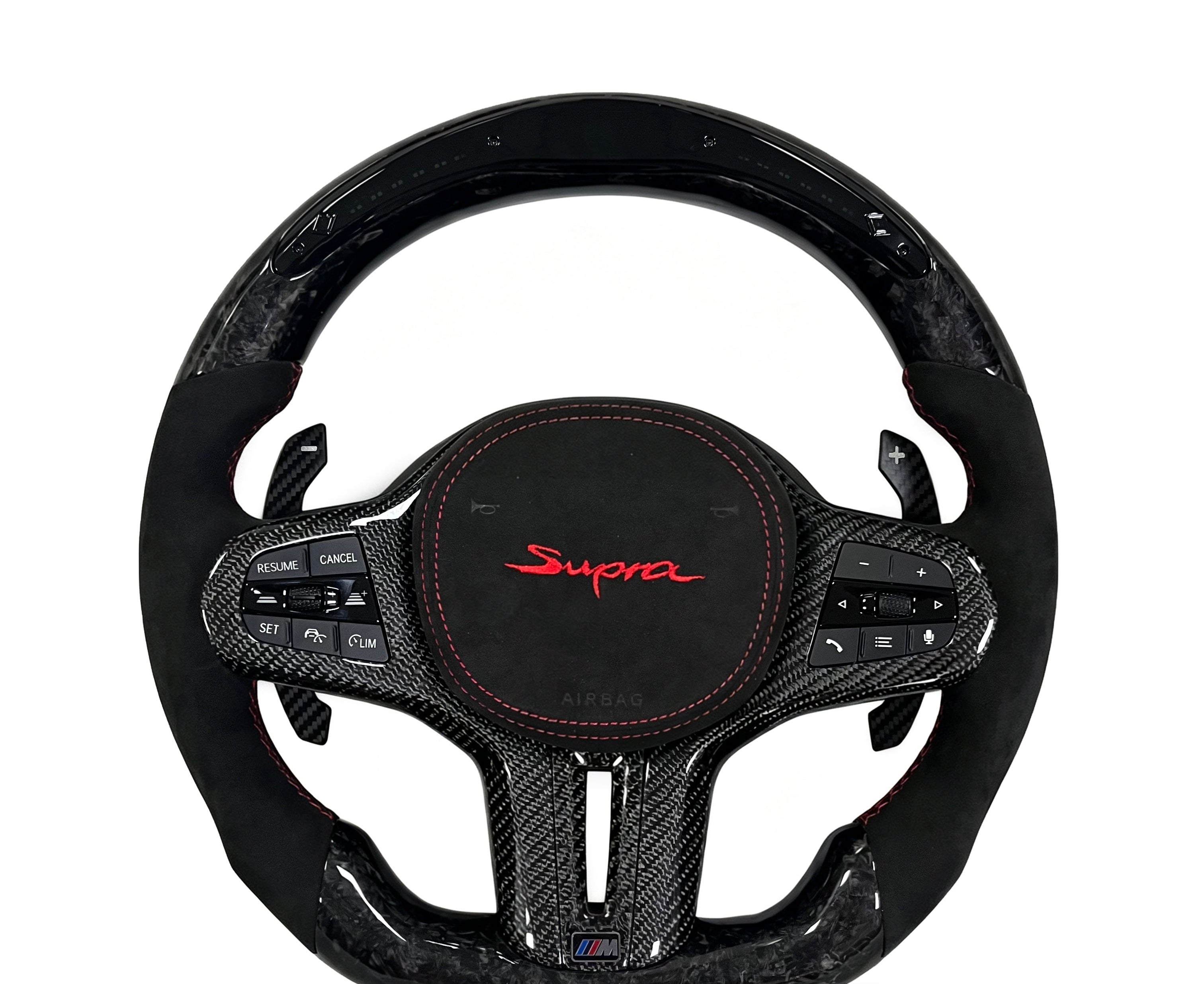 Toyota GR Supra Forged Carbon Fibre & Alcantara Steering Wheel (Design 18) on a clean white background