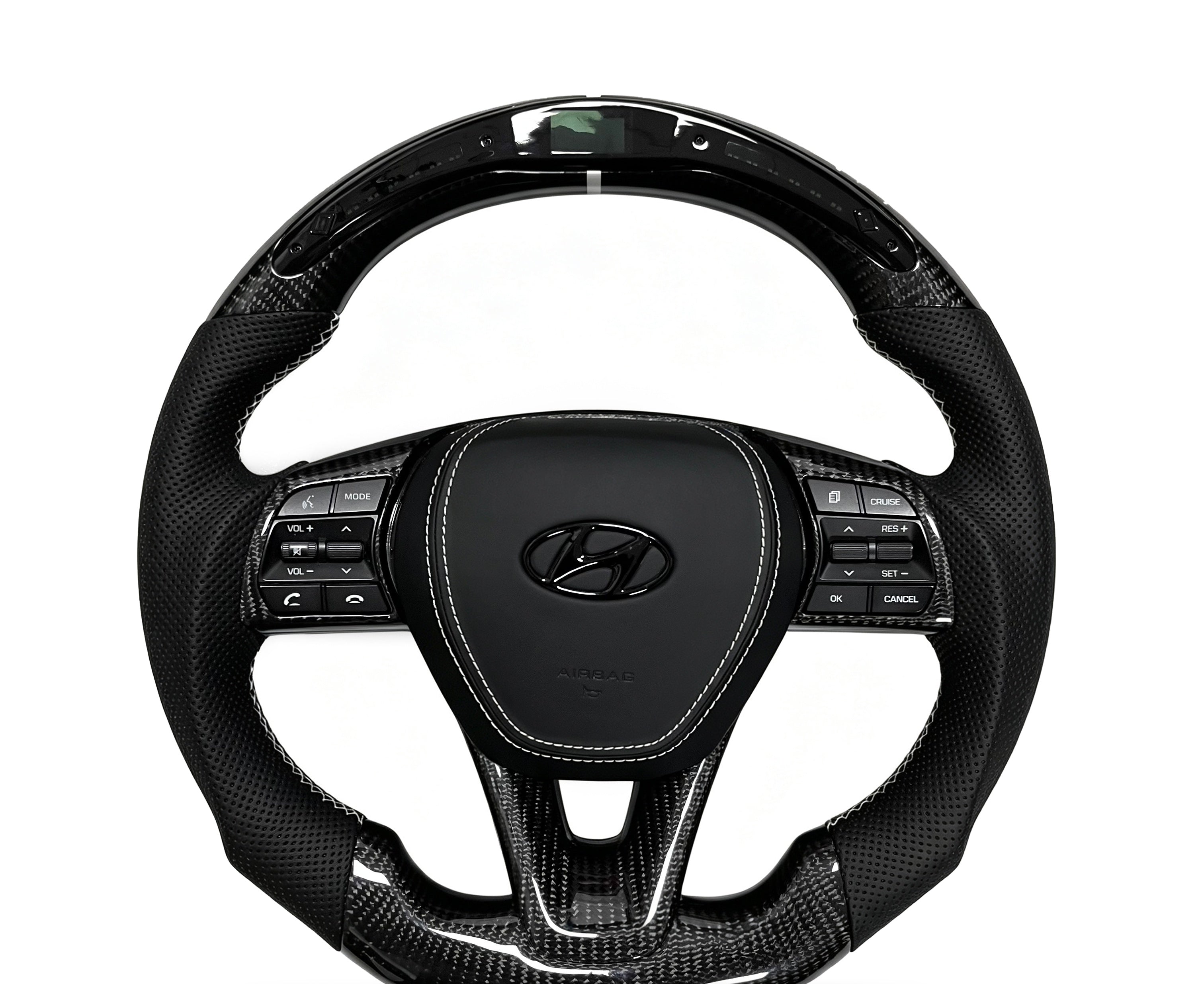 Hyundai Carbon Fibre & Perforated Leather Steering Wheel (Design 02) on a clean white background
