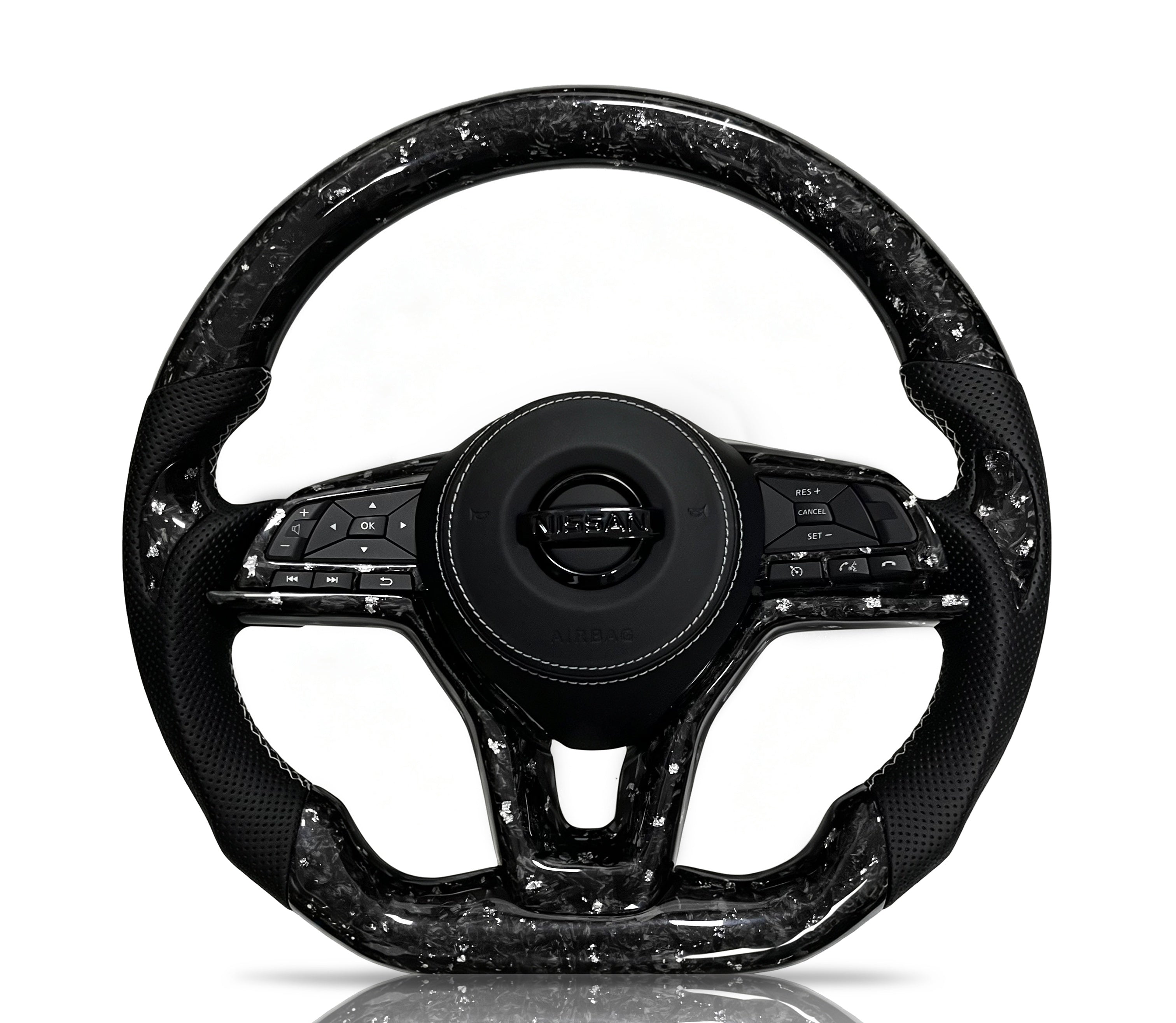 Nissan Forged Carbon Fibre & Perforated Leather Steering Wheel on a clean white background