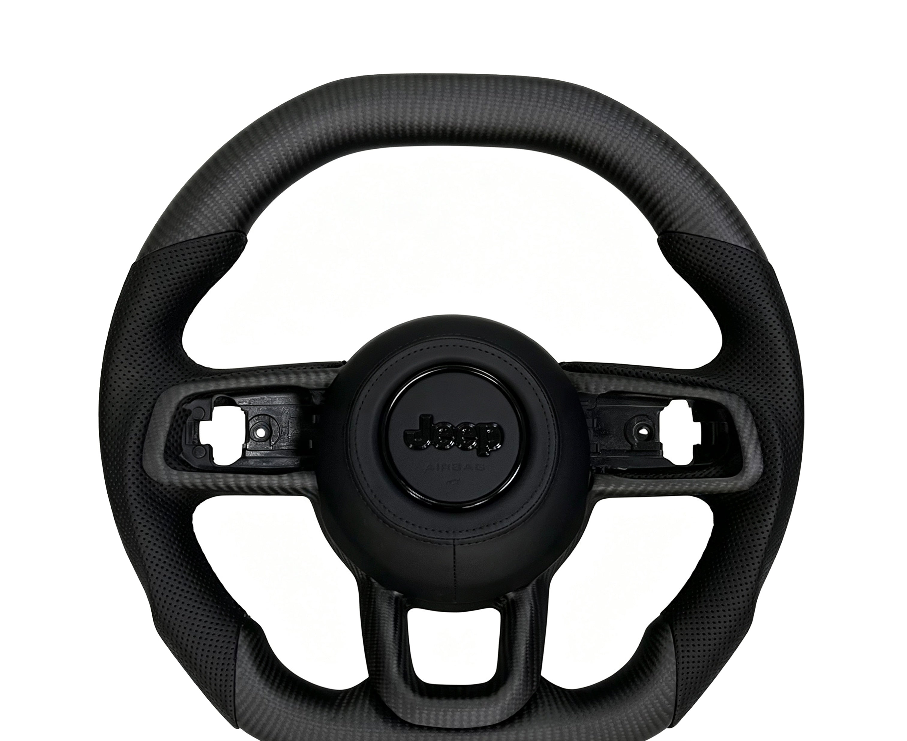 Jeep Matte Carbon Fibre & Perforated Leather Steering Wheel (Design 6) on a clean white background
