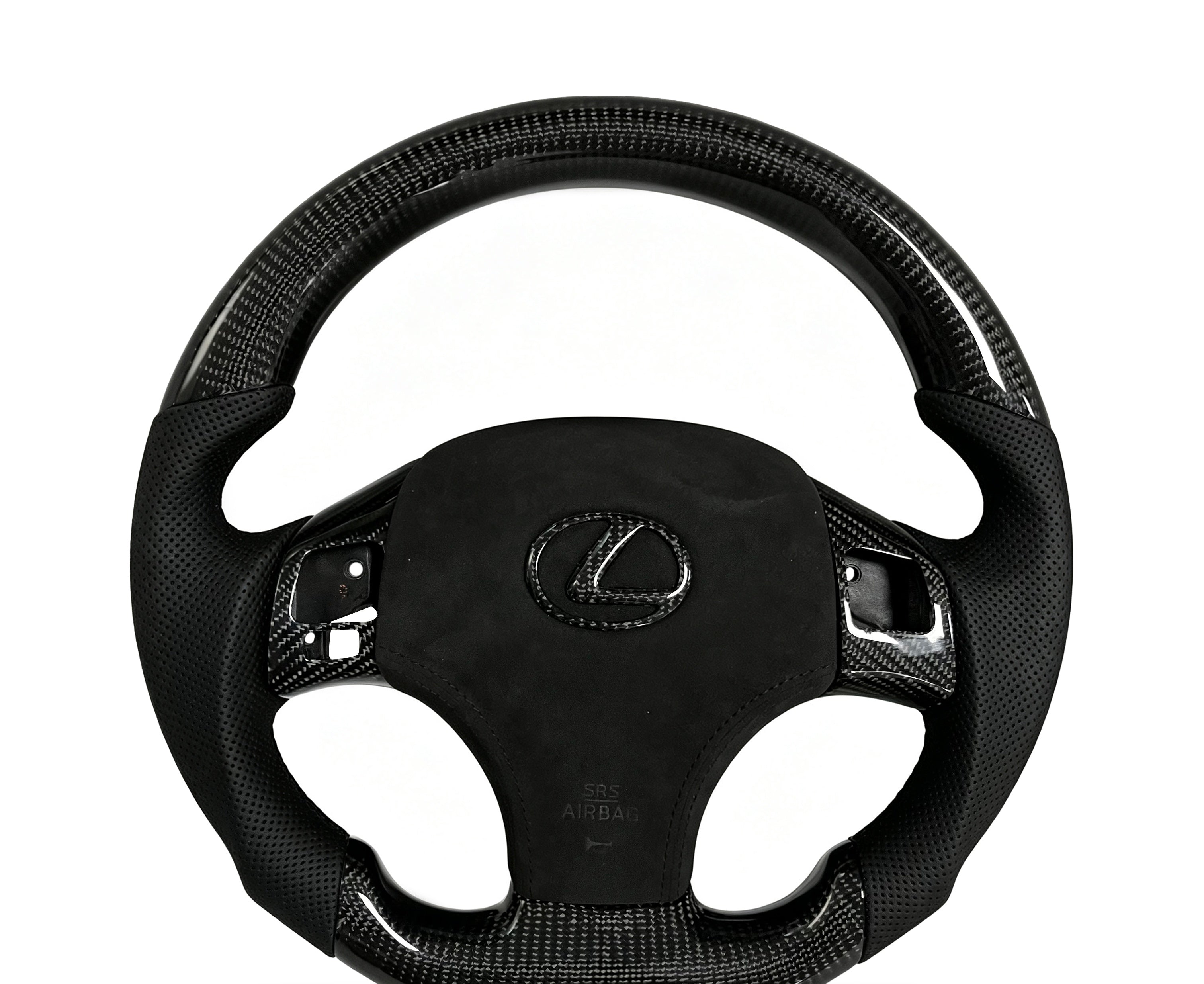Lexus Carbon Fibre & Perforated Leather Steering Wheel on a clean white background