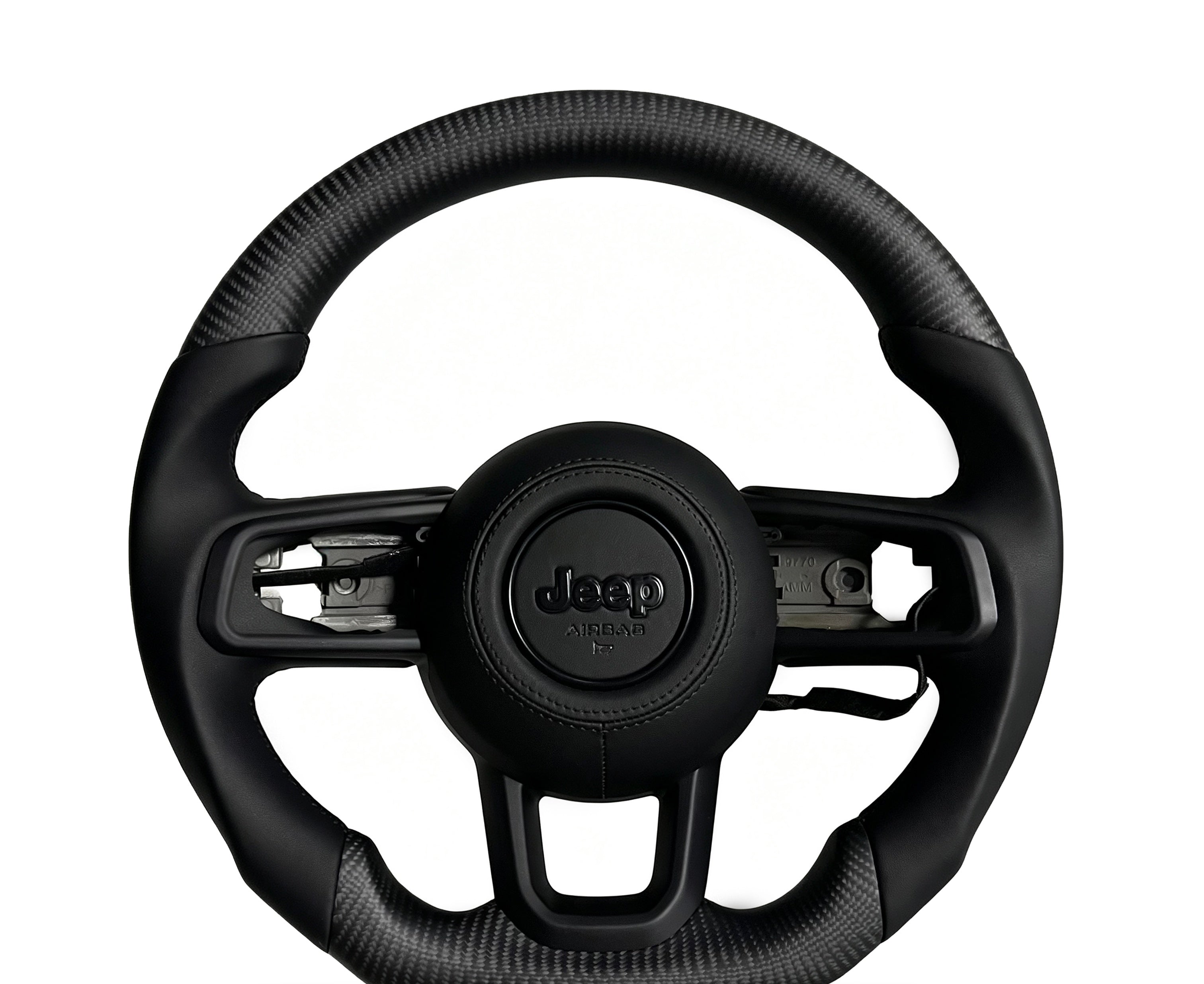 Jeep Matte Carbon Fibre & Smooth Leather Steering Wheel (Design 4) on a clean white background
