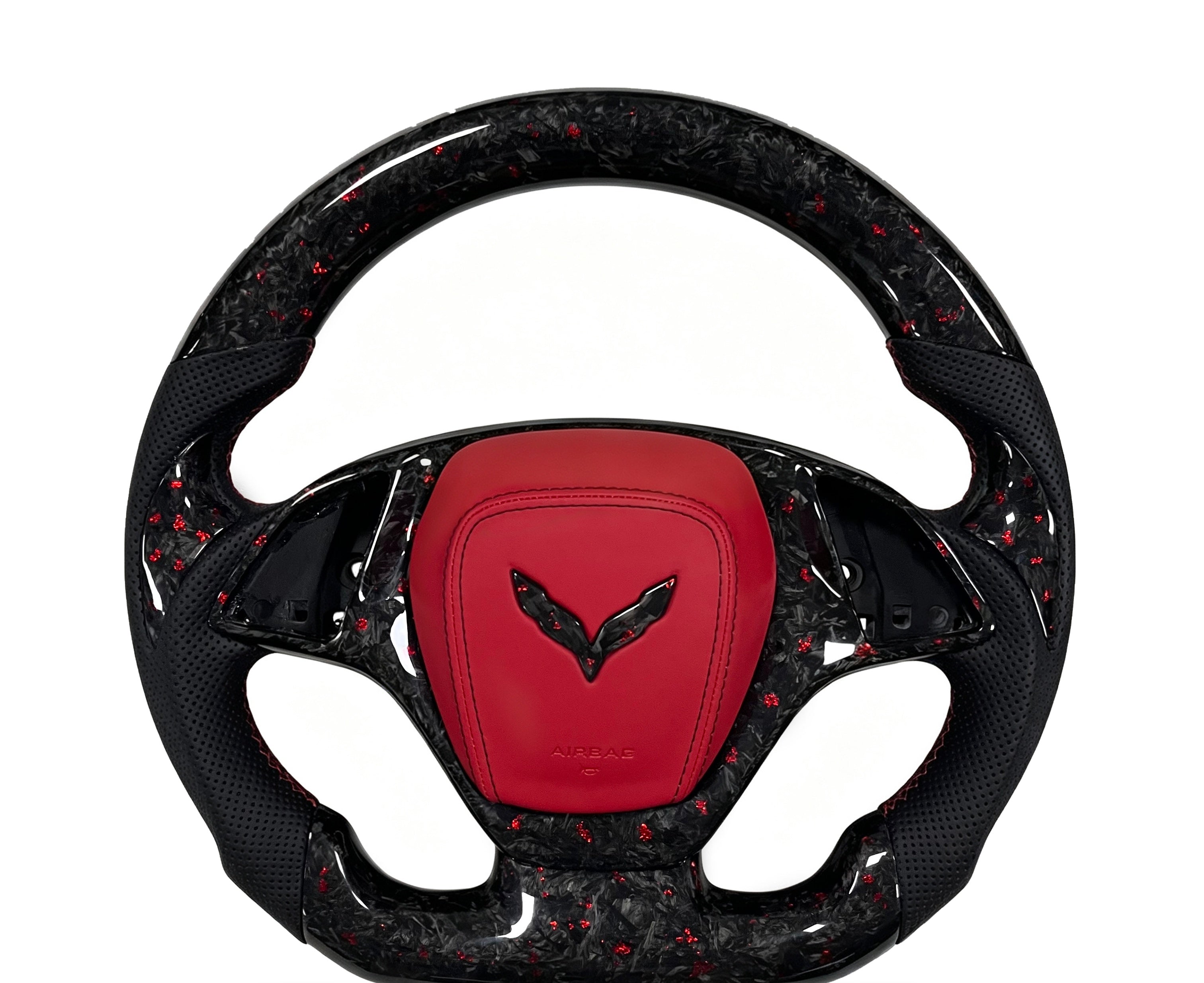 Chevrolet Forged Carbon Fibre & Peroated Leather Steering Wheel (Design 5) on a clean white background