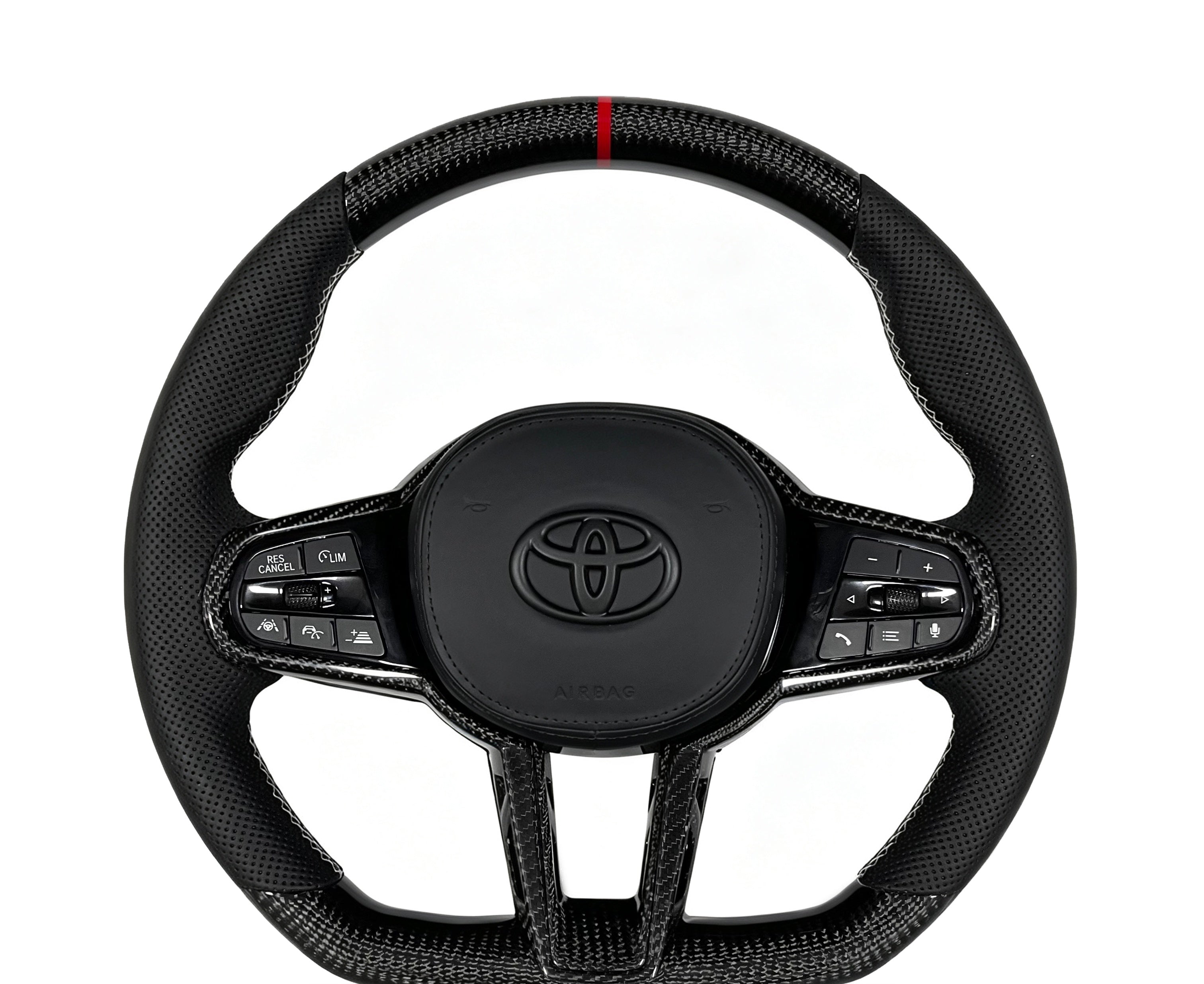 Toyota GR Supra Carbon Fibre & Perfortaed Leather Steering Wheel (Design 14) on a clean white background