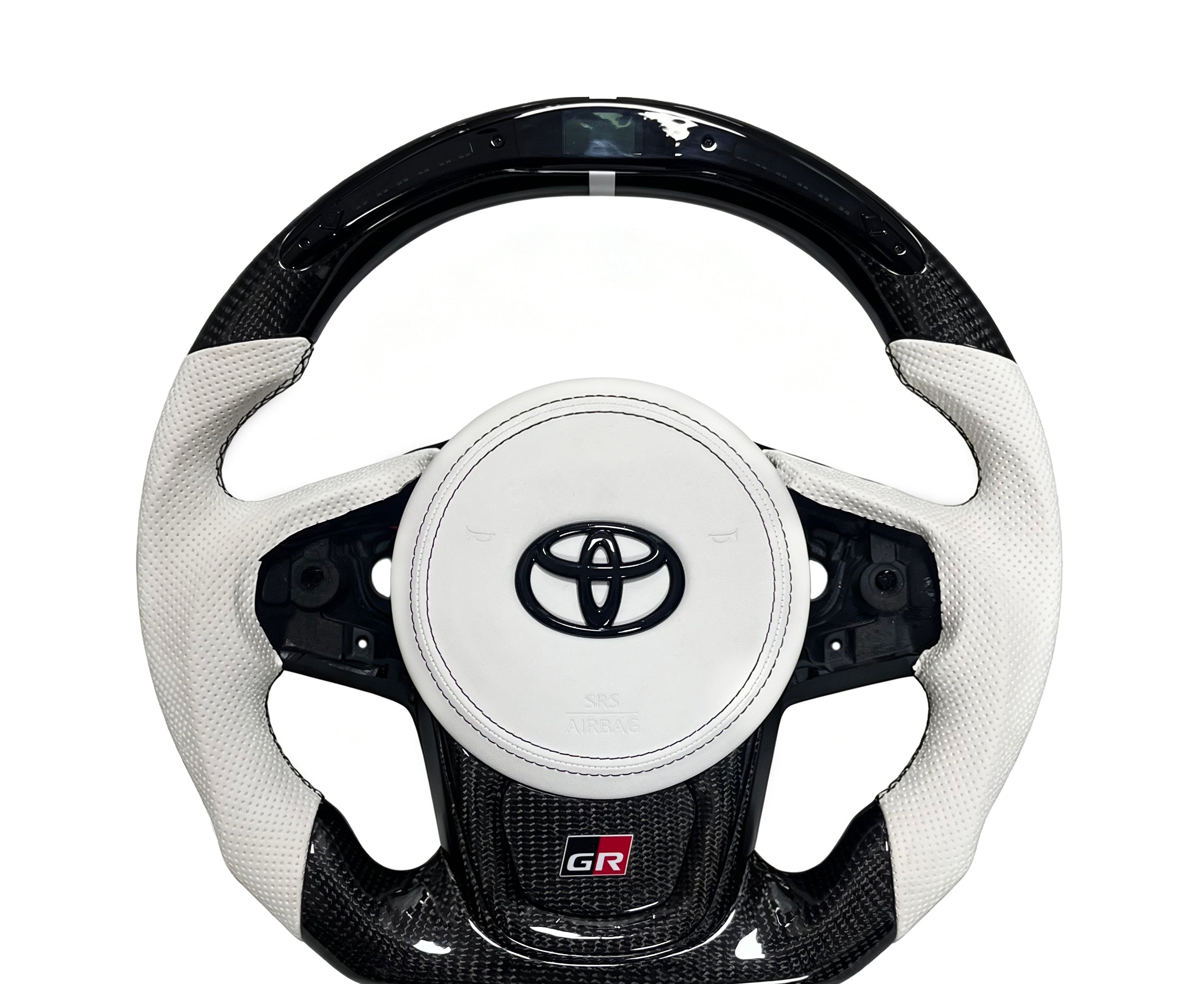 Toyota GR Supra Carbon Fibre & Perforated Leather Steering Wheel (Design 12) on a clean white background