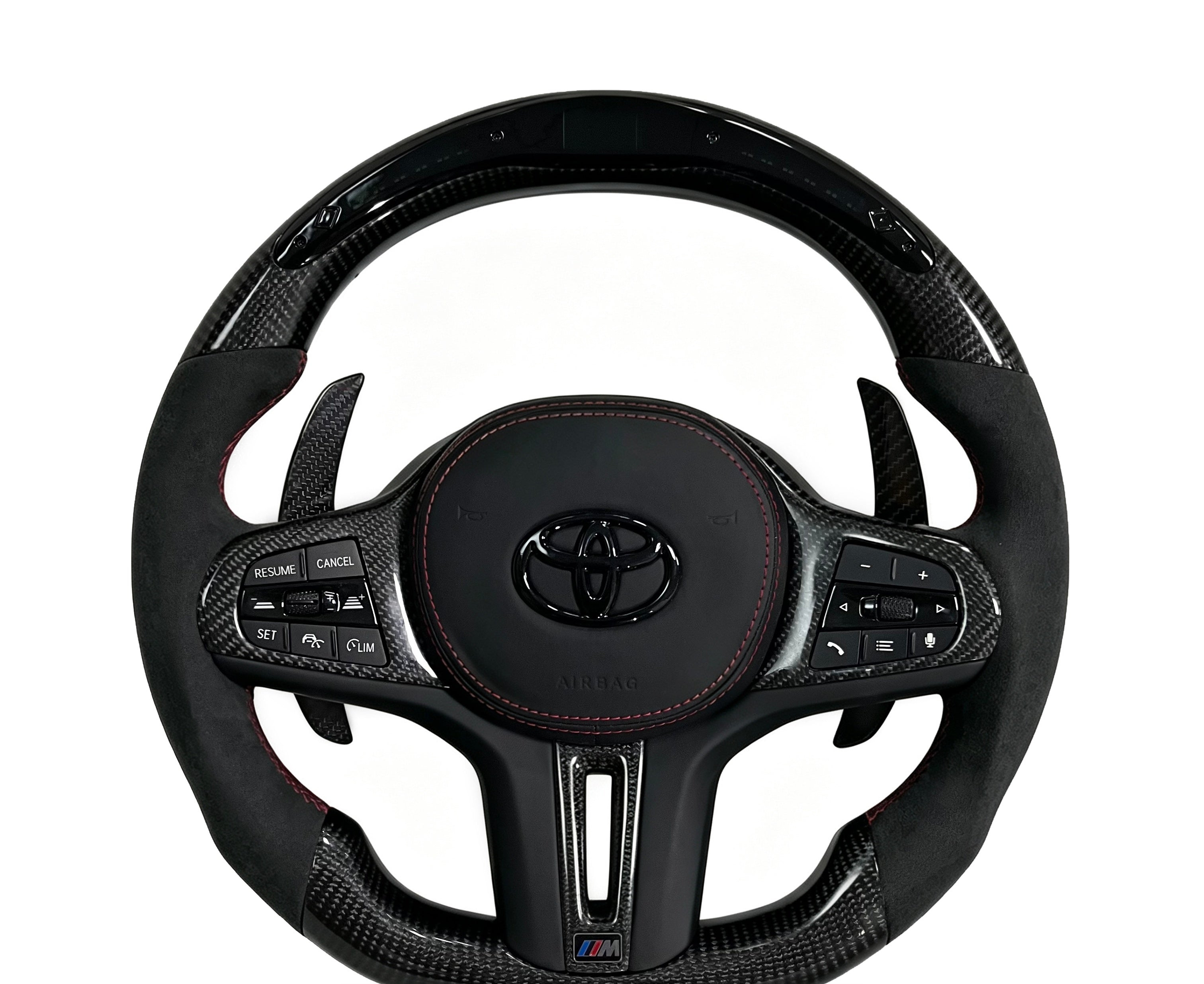 Toyota GR Supra Carbon Fibre & Alcantara Steering Wheel (Design 10) on a clean white background