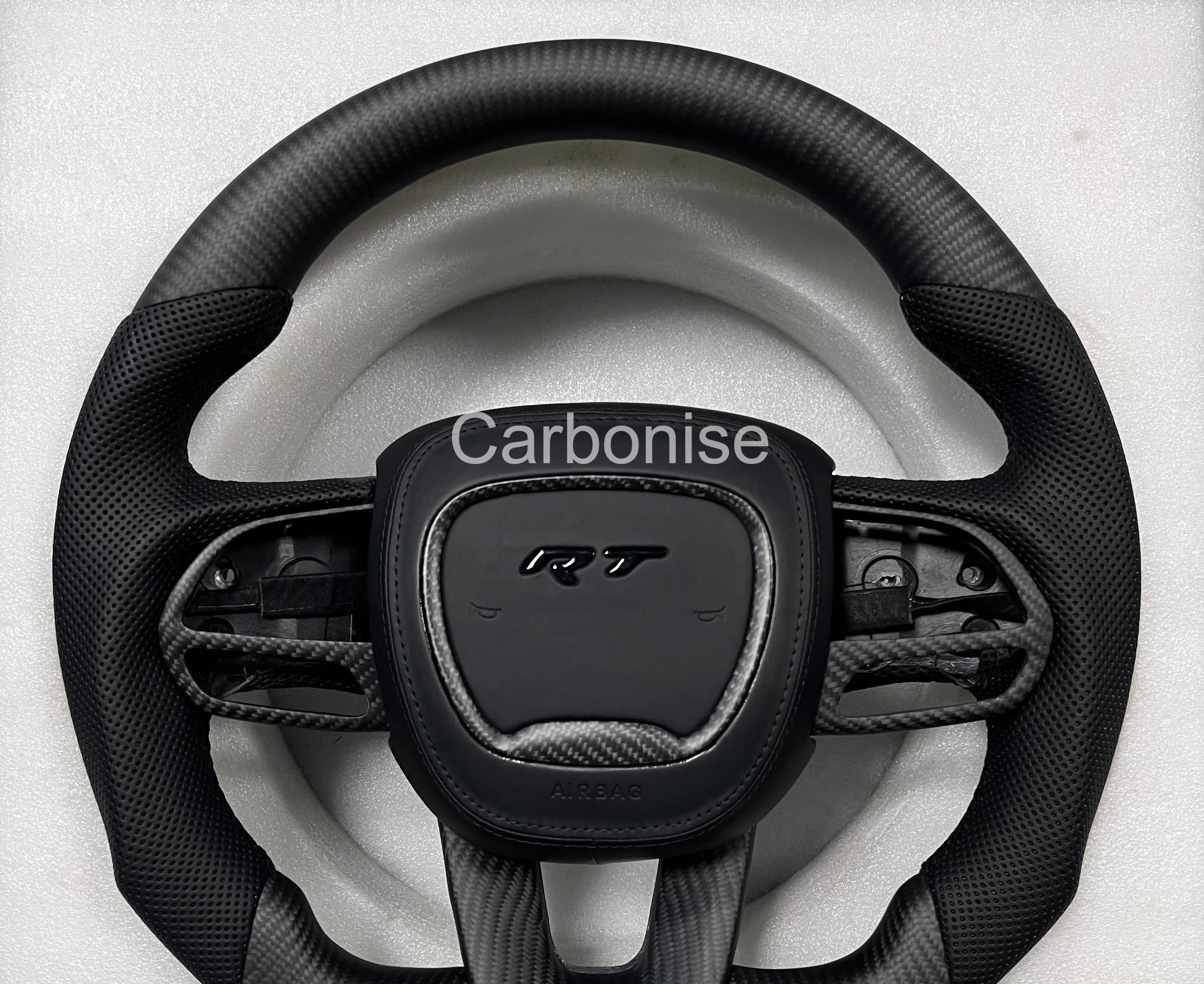 Dodge Matt Carbon Fibre & Perforated Leather Steering Wheel (Design 03) on a clean white background