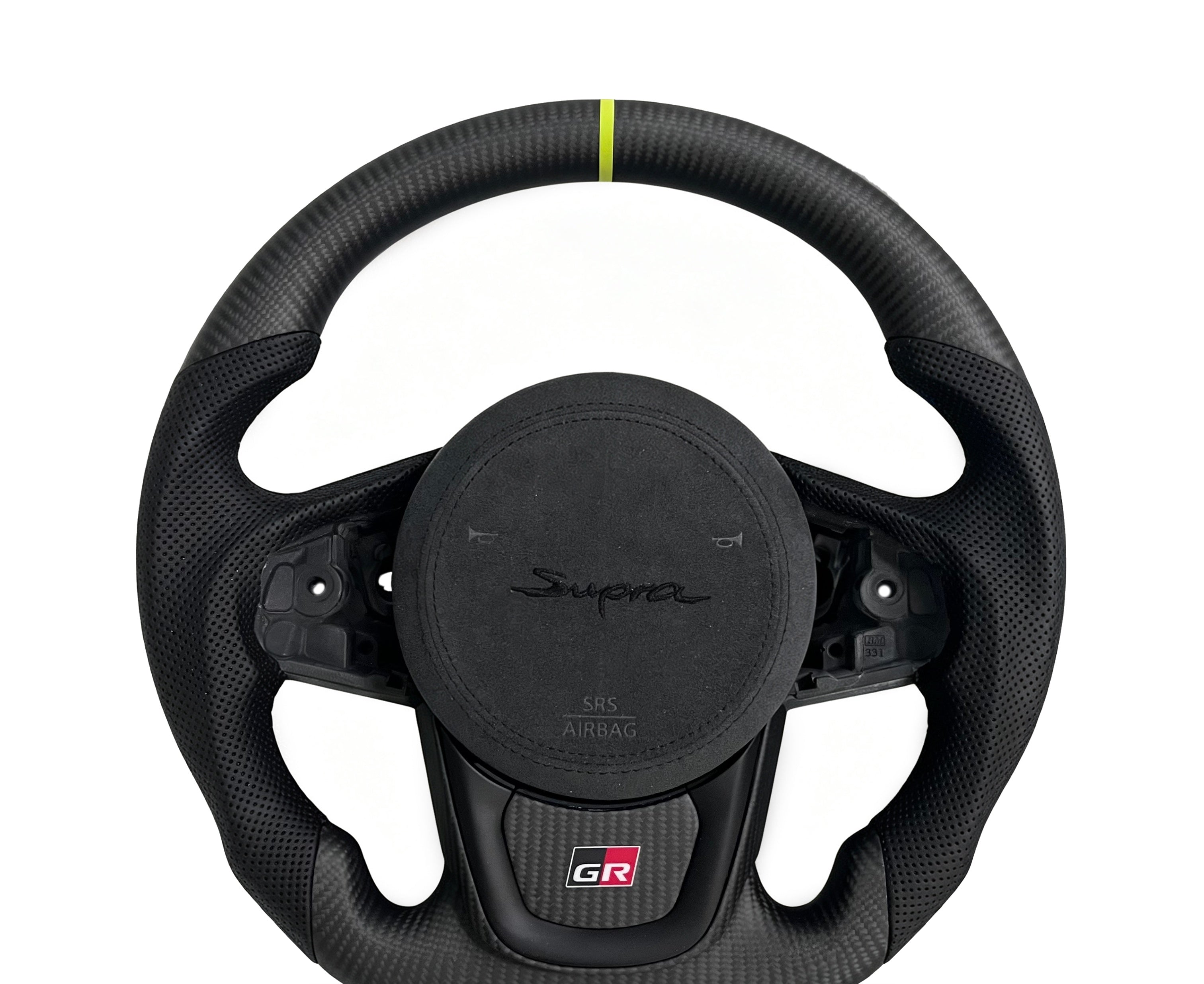 Toyota GR Supra Matte Carbon Fibre & Alcantara Steering Wheel (Design 07) on a clean white background