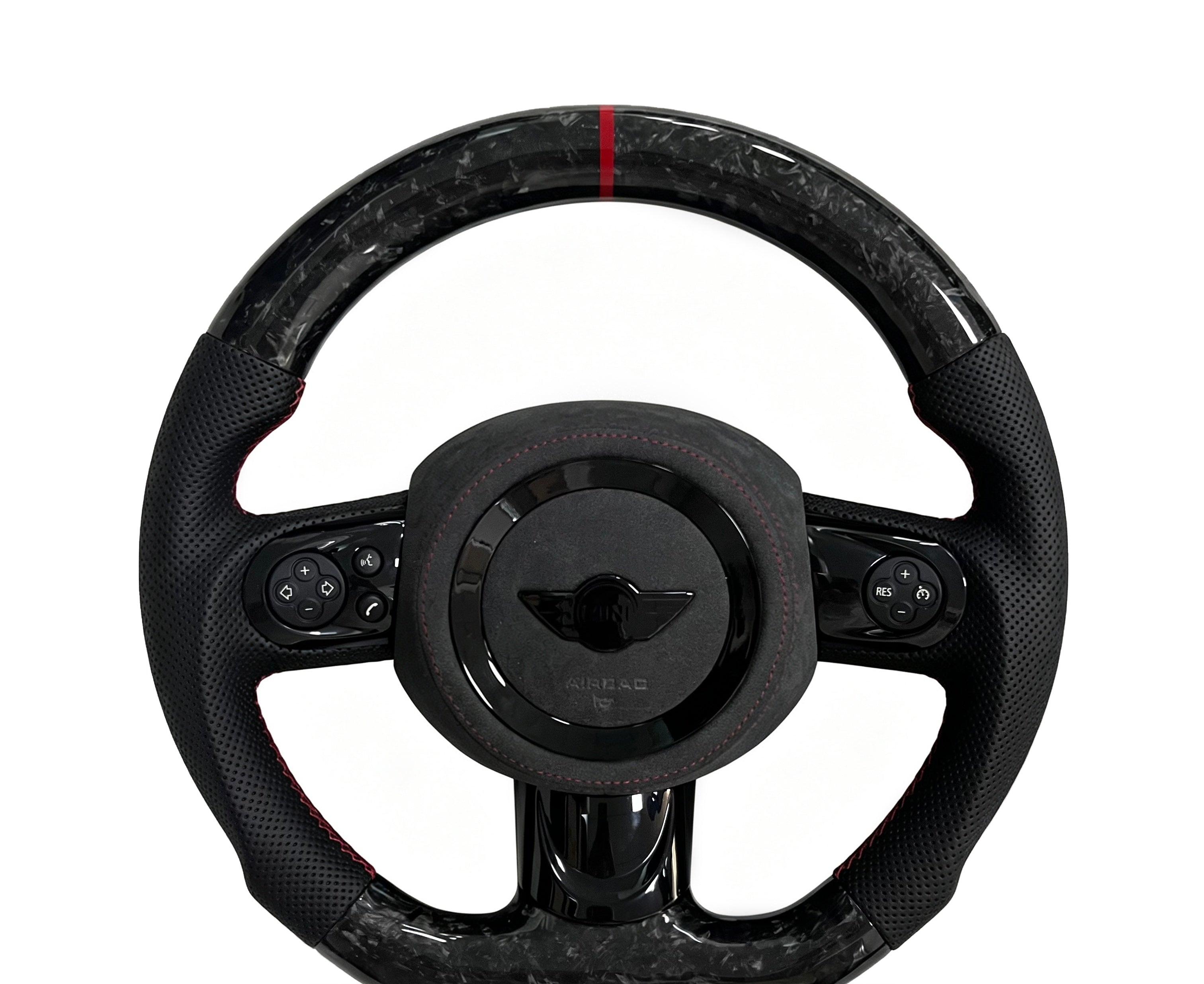 Mini Forged Carbon & Perforated Leather Steering Wheel (Design 2) on a clean white background