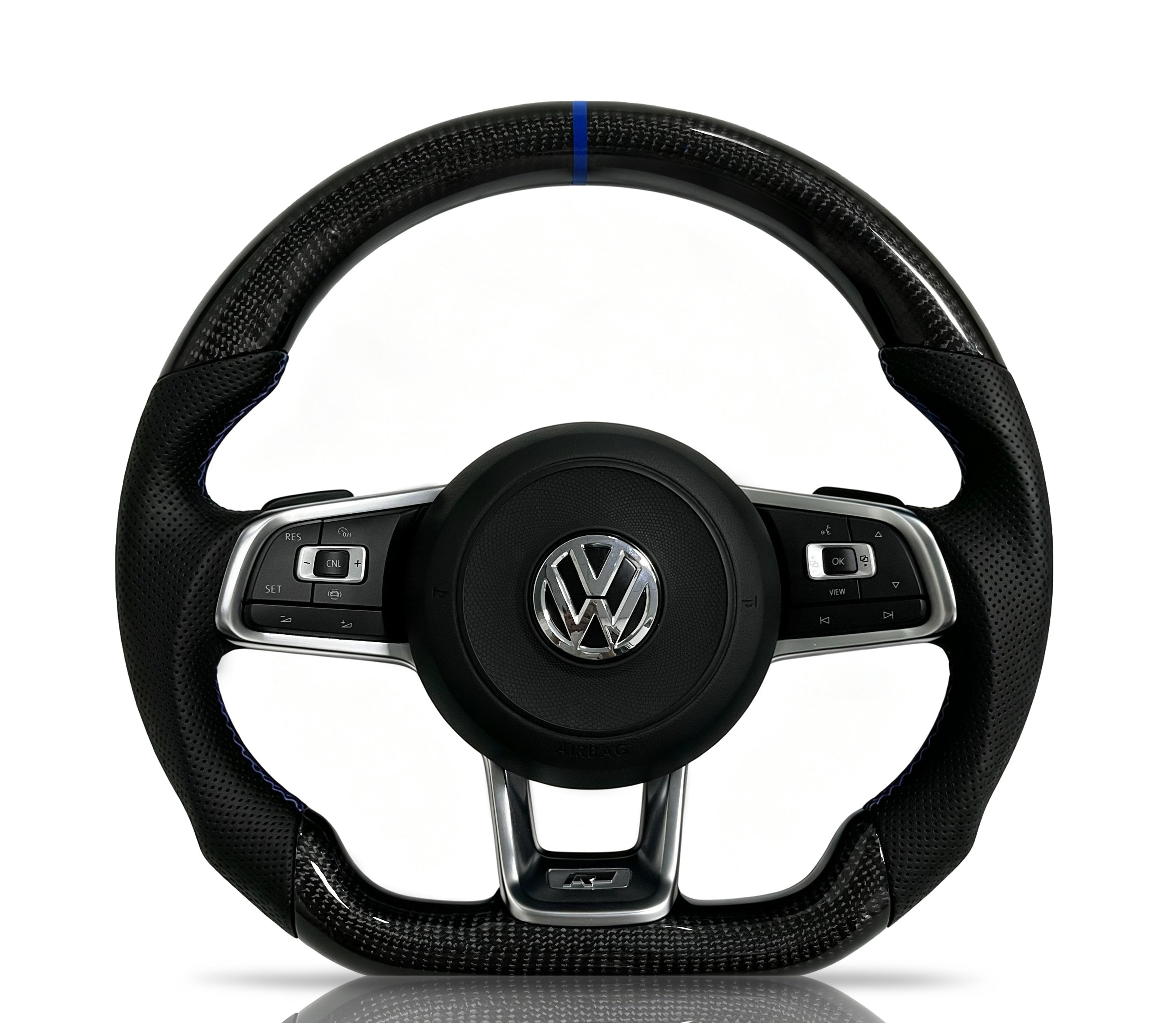 Volkswagen Golf Carbon Fibre & Perforated Leather Steering Wheel (Design 10) on a clean white background