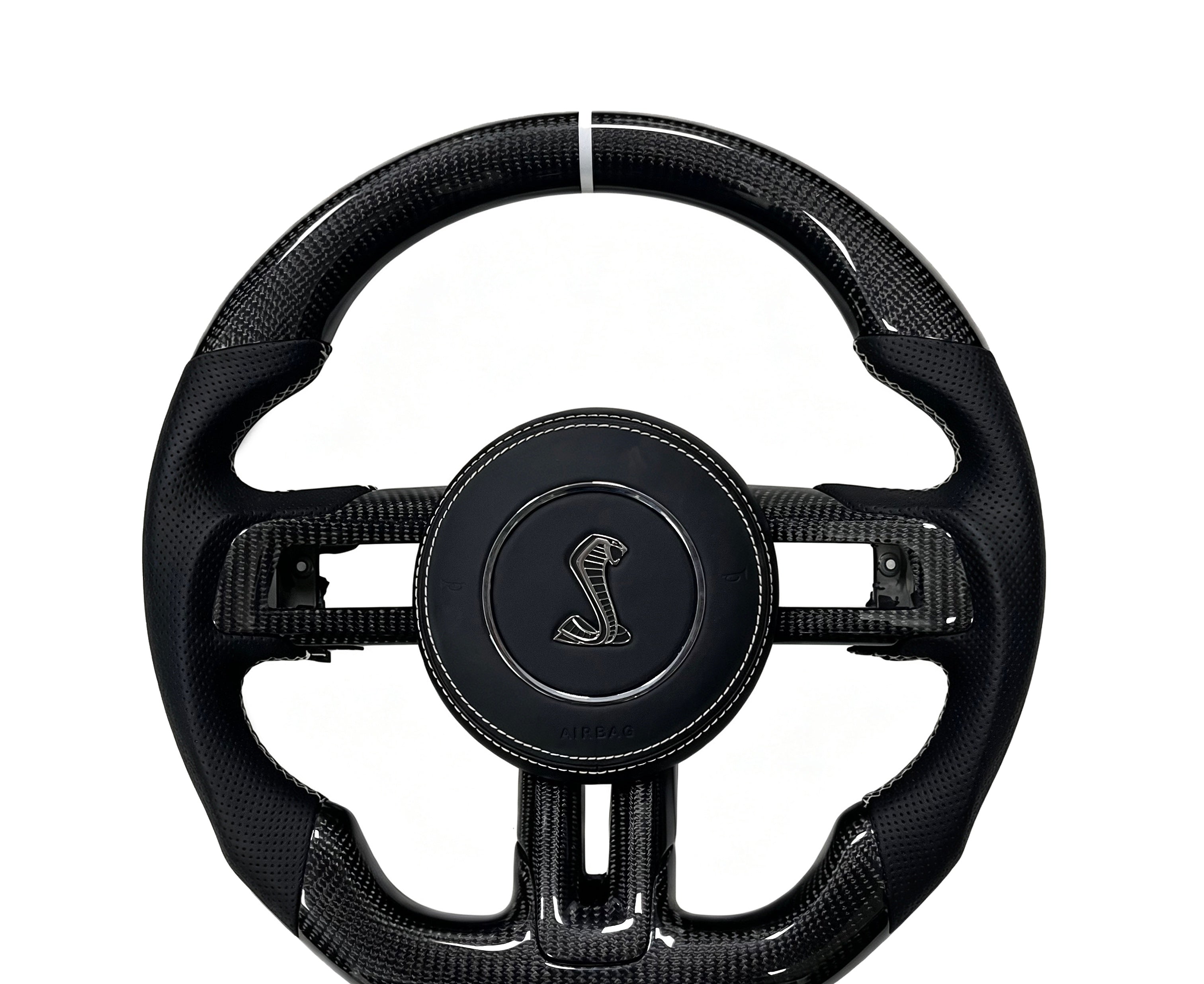 Ford Mustang Carbon Fibre & Perforated Leather Steering Wheel (Design 3) on a clean white background