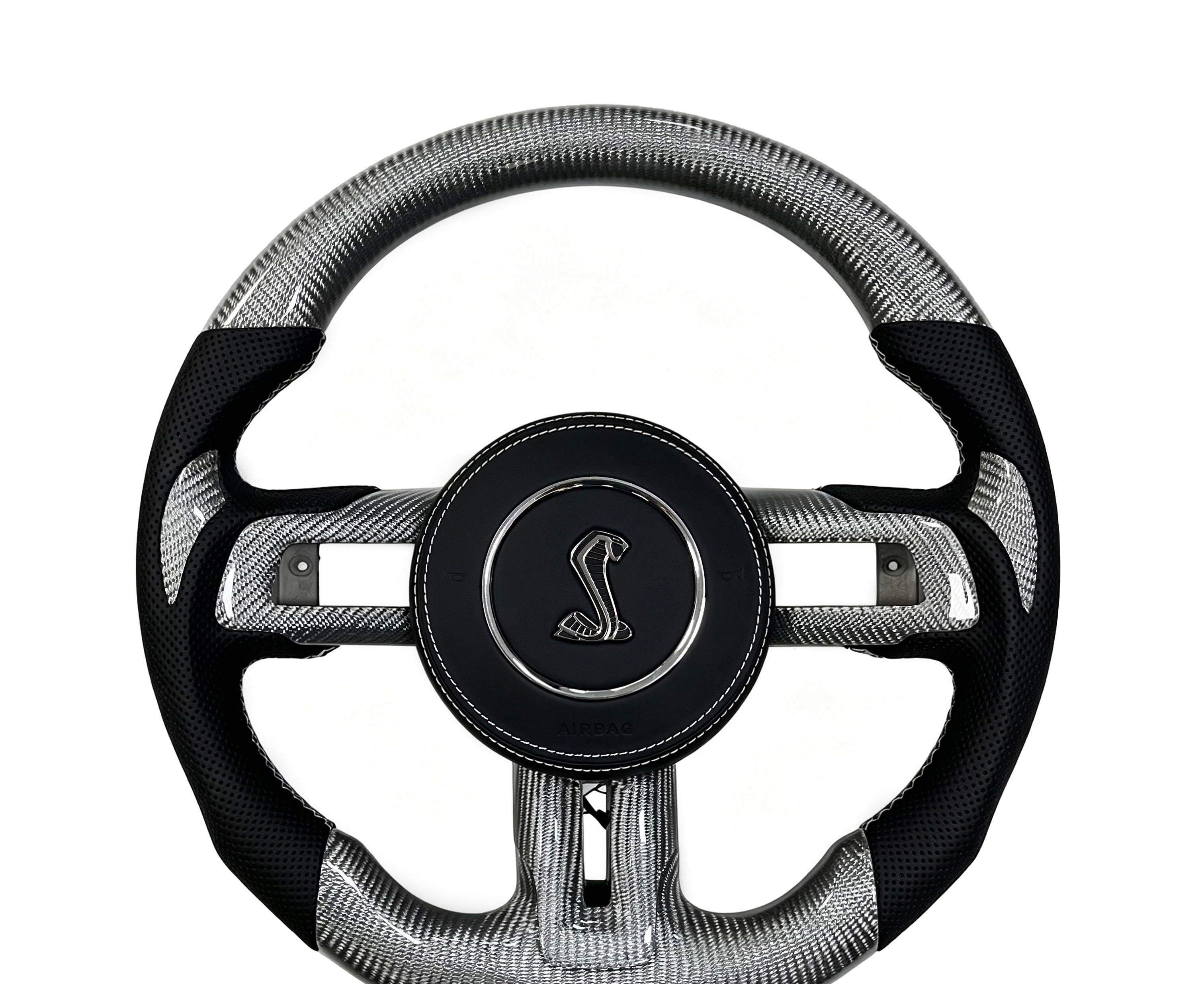Ford Mustang Carbon Fibre & Perforated Leather Steering Wheel (Design 10) on a clean white background
