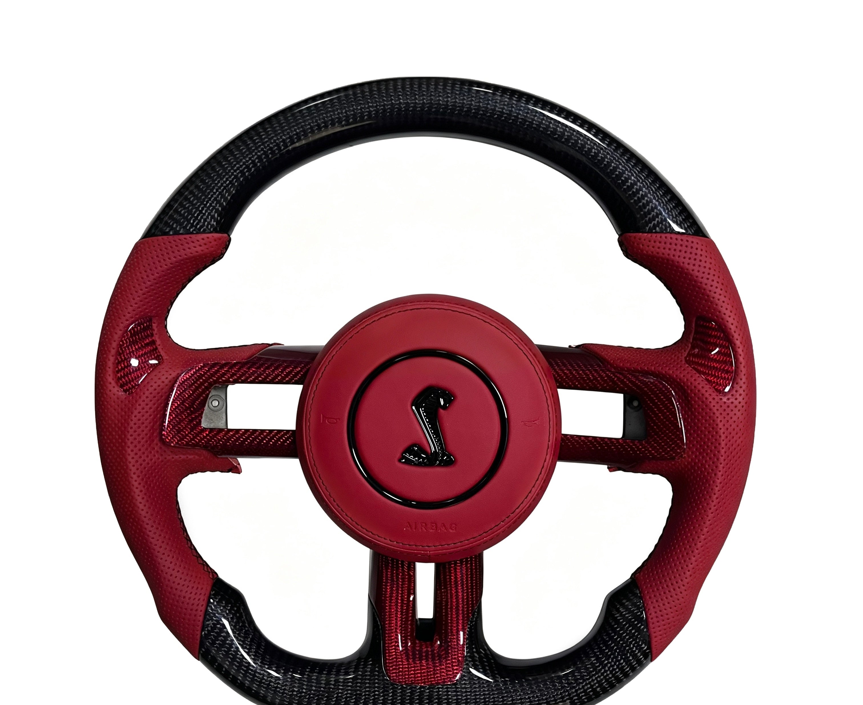 Ford Mustang Carbon Fibre & Perforated Leather Steering Wheel (Design 20) on a clean white background